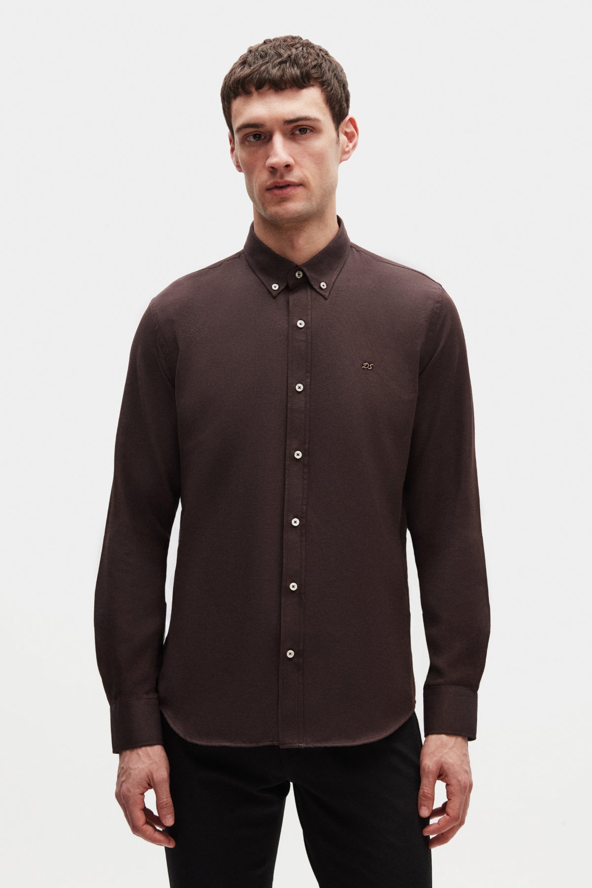Ds Damat Slim Fit Oxford Button-Down Easy Iron Embroidered Detail Cotton Shirt  - Dark Brown