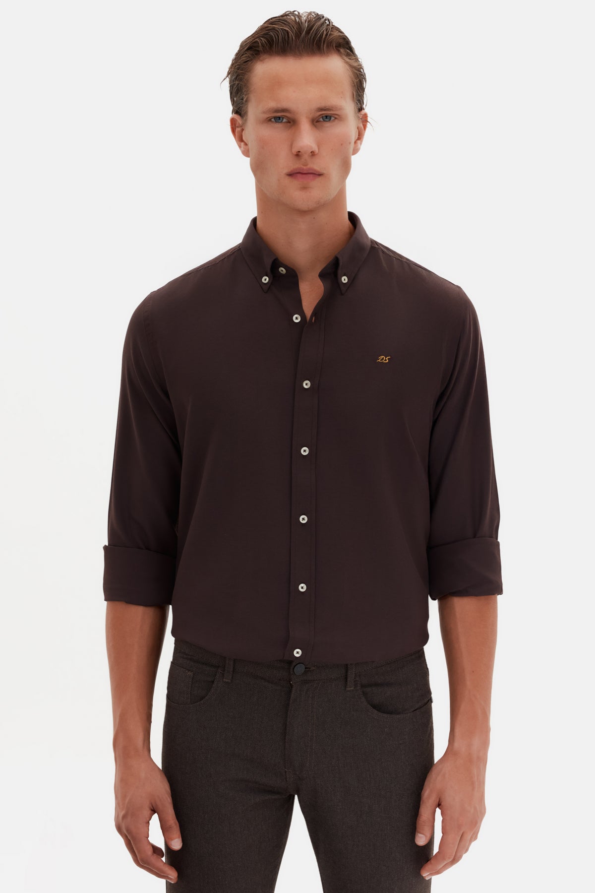 Ds Damat Slim Fit Oxford Button-Down Easy Iron Embroidered Detail Cotton Shirt  - Dark Brown