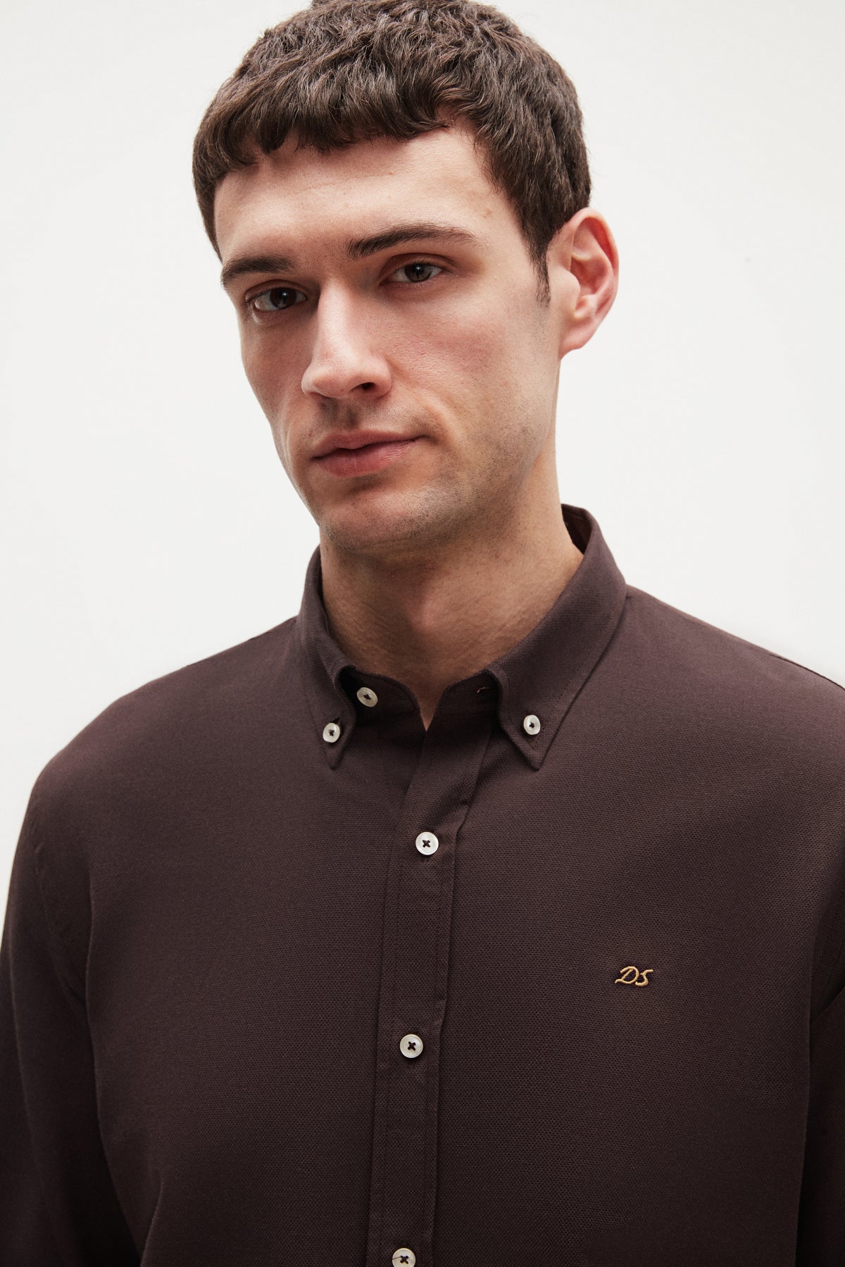 Ds Damat Slim Fit Oxford Button-Down Easy Iron Embroidered Detail Cotton Shirt  - Dark Brown