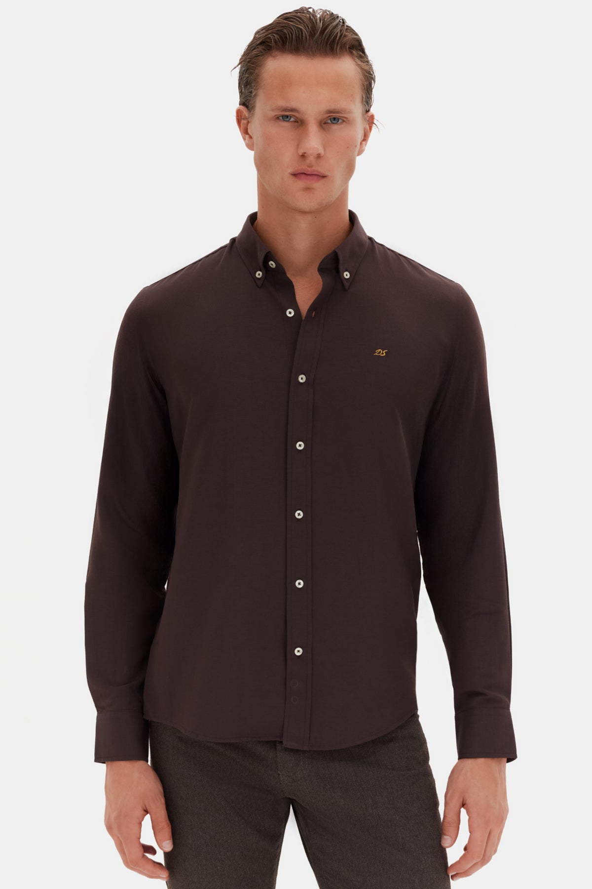 Ds Damat Slim Fit Oxford Button-Down Easy Iron Embroidered Detail Cotton Shirt  - Dark Brown