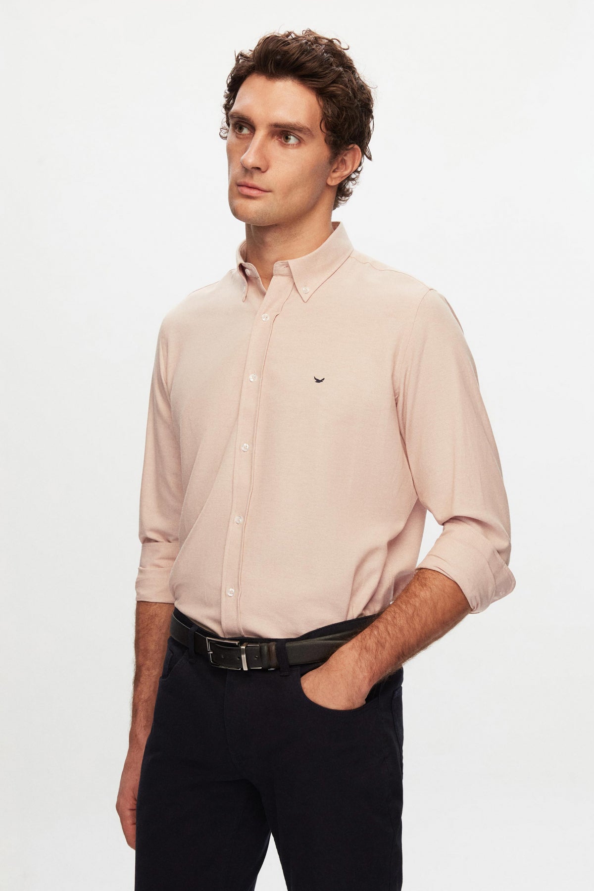 Ds Damat Slim Fit Oxford Button-Down Easy Iron Embroidered Detail Cotton Shirt  - Ecru