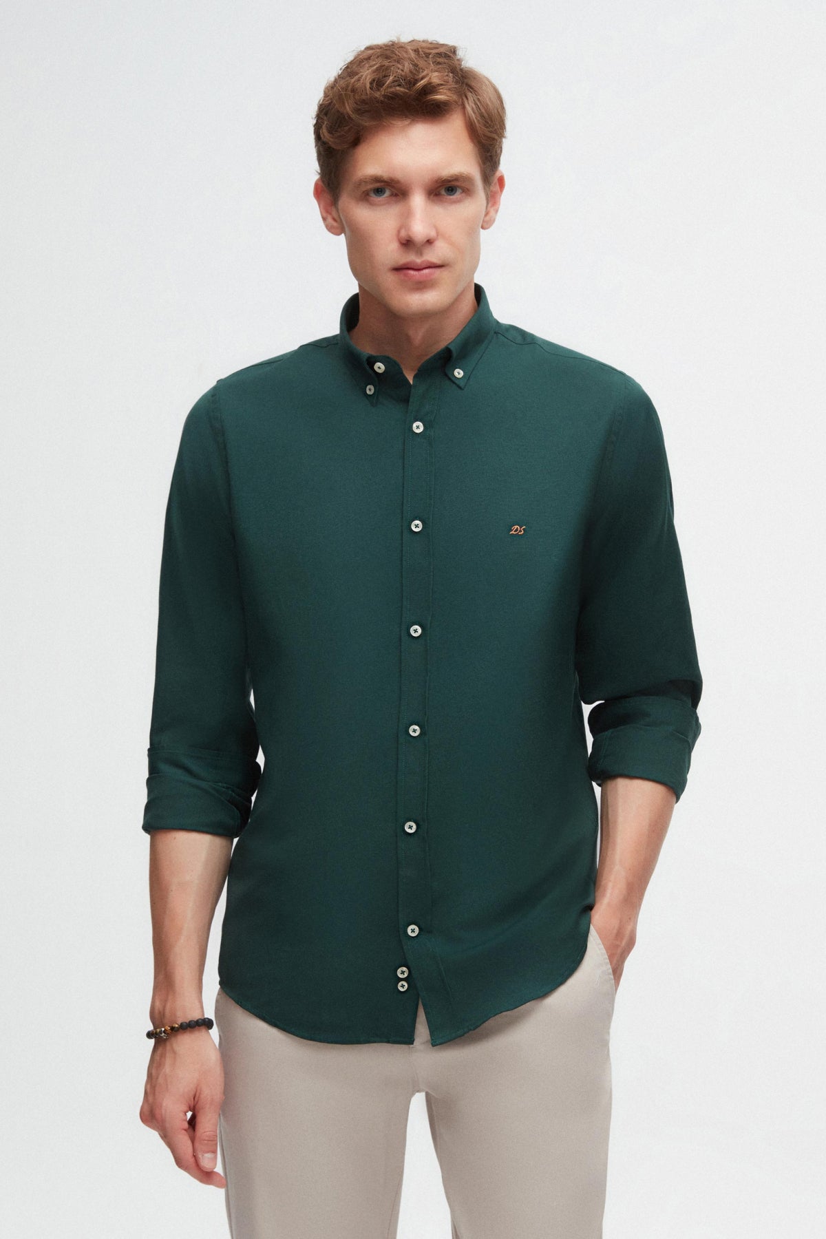 Ds Damat Slim Fit Oxford Button-Down Easy Iron Embroidered Detail Cotton Shirt  - Green