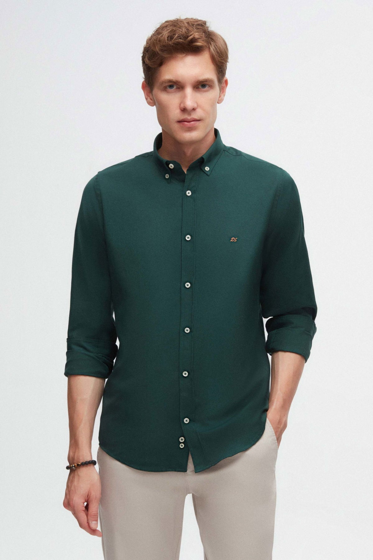 Ds Damat Slim Fit Oxford Button-Down Easy Iron Embroidered Detail Cotton Shirt  - Green