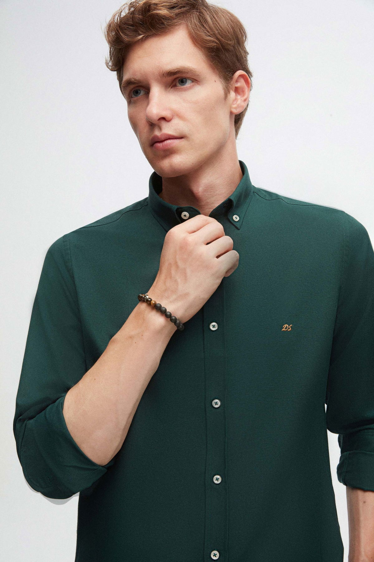 Ds Damat Slim Fit Oxford Button-Down Easy Iron Embroidered Detail Cotton Shirt  - Green