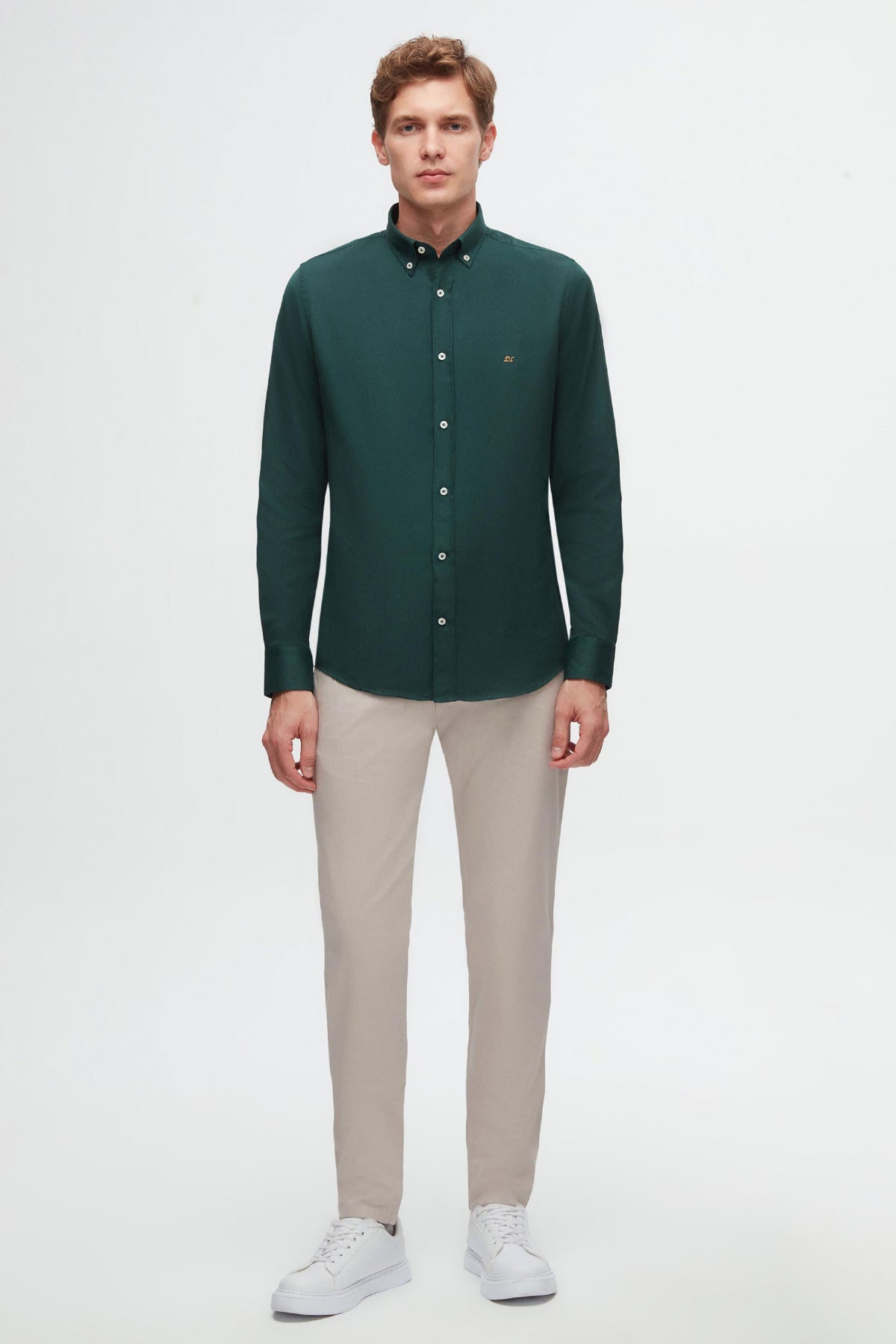 Ds Damat Slim Fit Oxford Button-Down Easy Iron Embroidered Detail Cotton Shirt  - Green