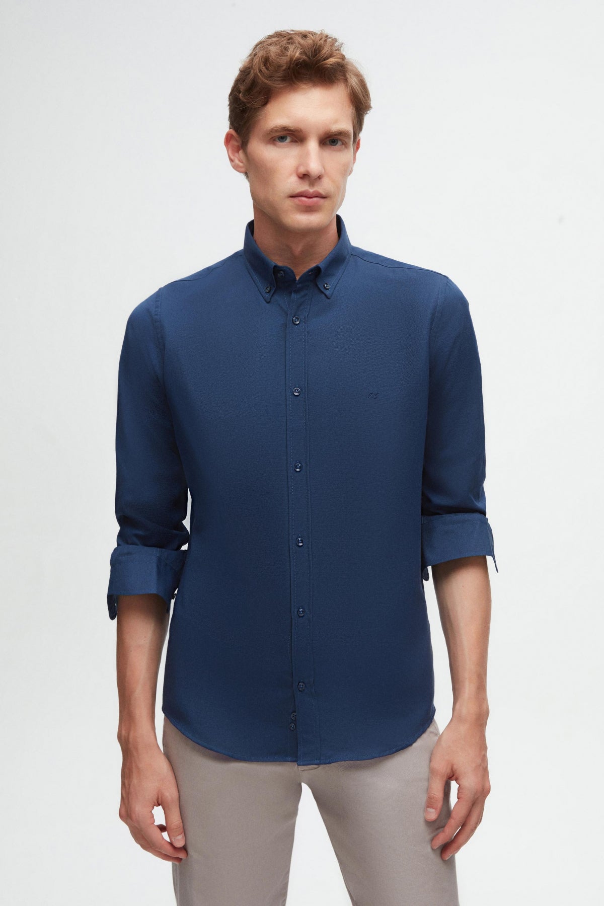 Ds Damat Slim Fit Oxford Button-Down Easy Iron Embroidered Detail Cotton Shirt  - Indigo