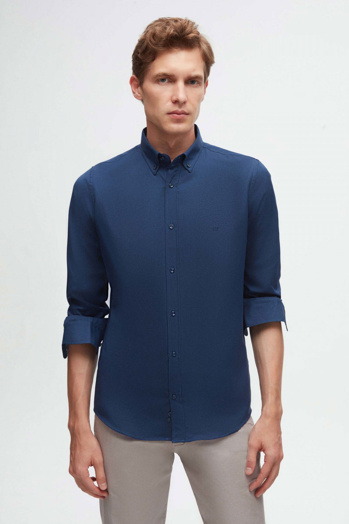 Ds Damat Slim Fit Oxford Button-Down Easy Iron Embroidered Detail Cotton Shirt  - Indigo