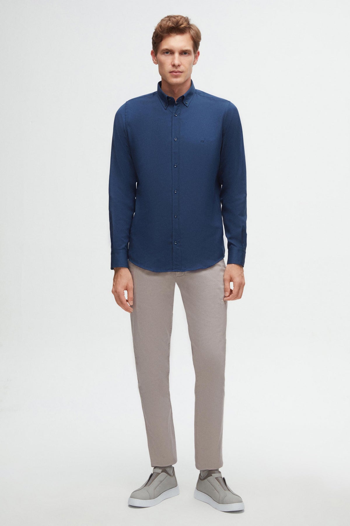 Ds Damat Slim Fit Oxford Button-Down Easy Iron Embroidered Detail Cotton Shirt  - Indigo