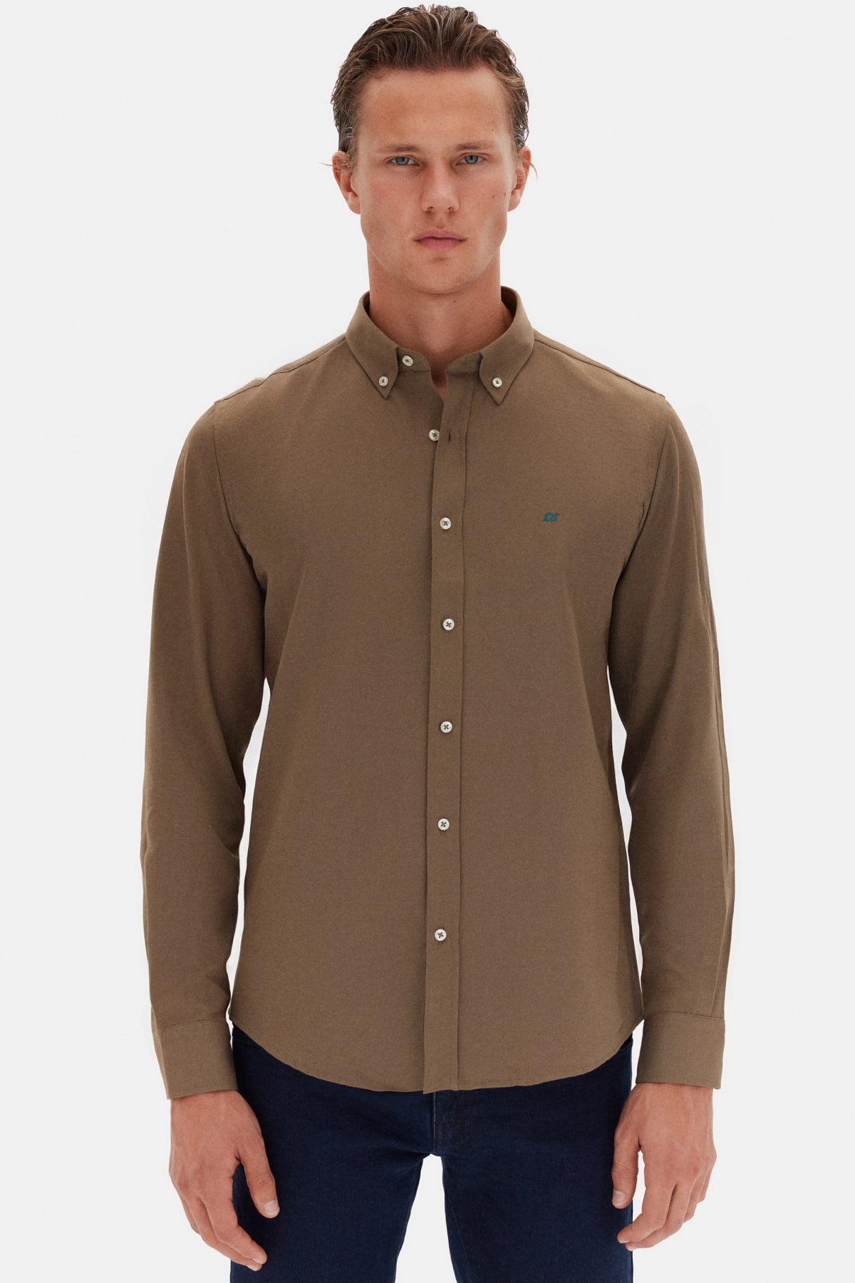 Ds Damat Slim Fit Oxford Button-Down Easy Iron Embroidered Detail Cotton Shirt  - Khaki