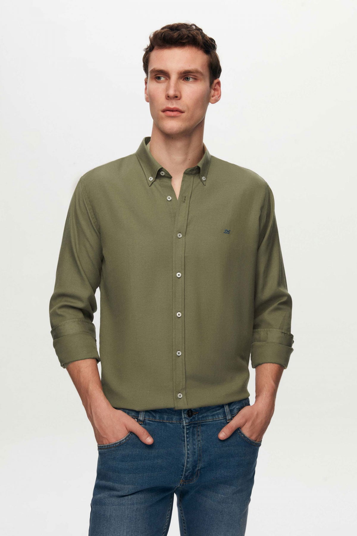 Ds Damat Slim Fit Oxford Button-Down Easy Iron Embroidered Detail Cotton Shirt  - Khaki