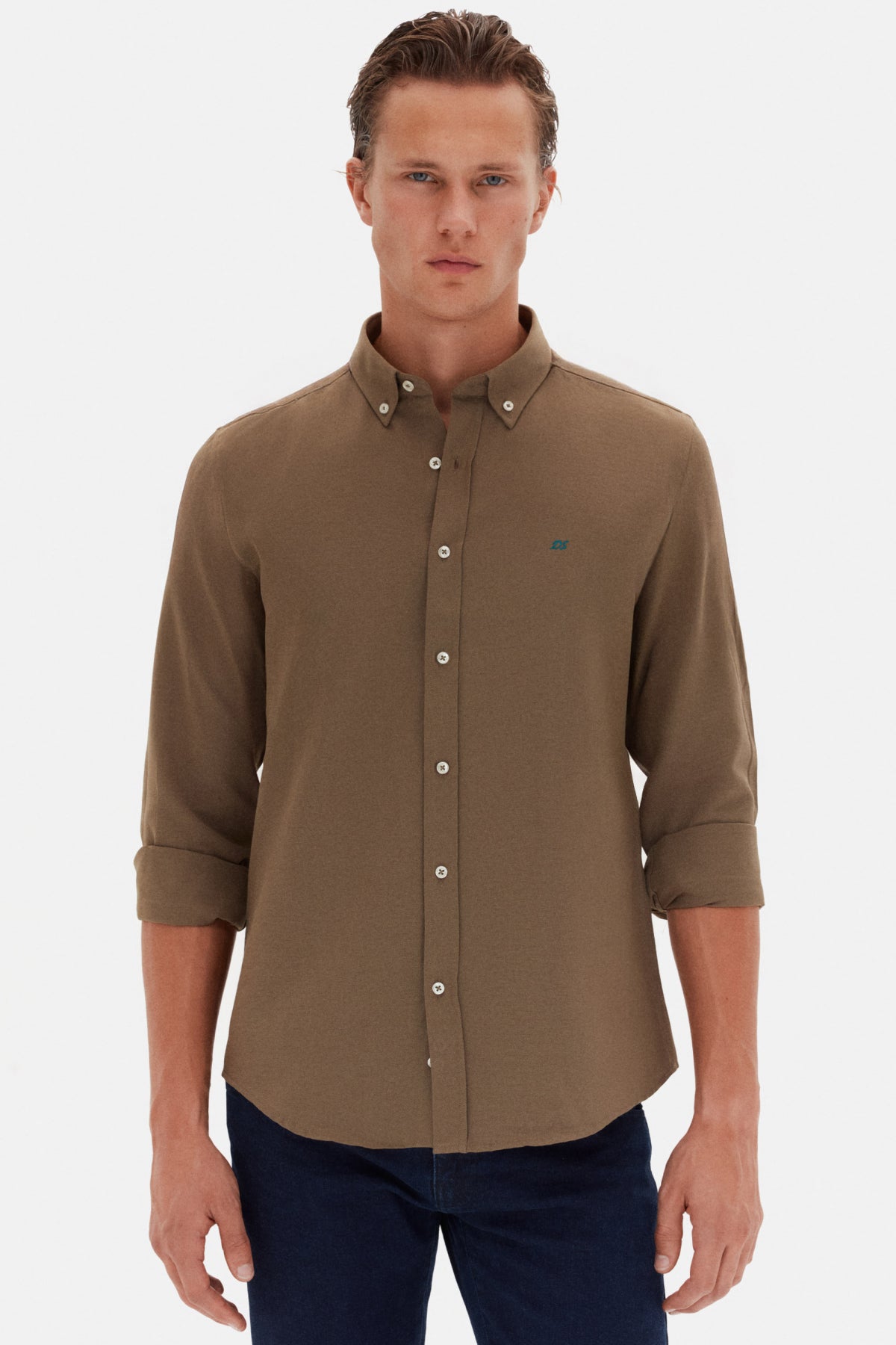 Ds Damat Slim Fit Oxford Button-Down Easy Iron Embroidered Detail Cotton Shirt  - Khaki