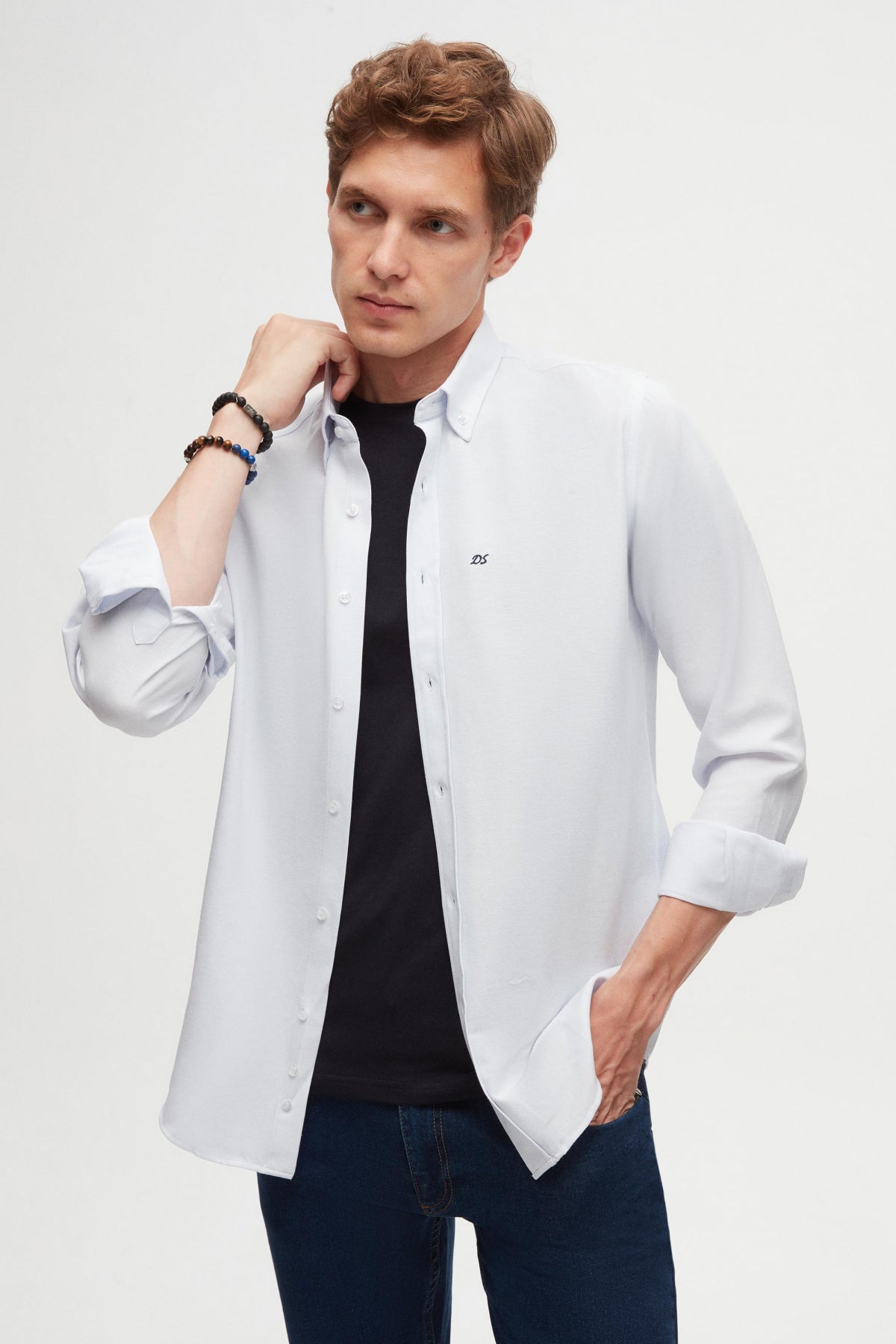 Ds Damat Slim Fit Oxford Button-Down Easy Iron Embroidered Detail Cotton Shirt  - Light Blue