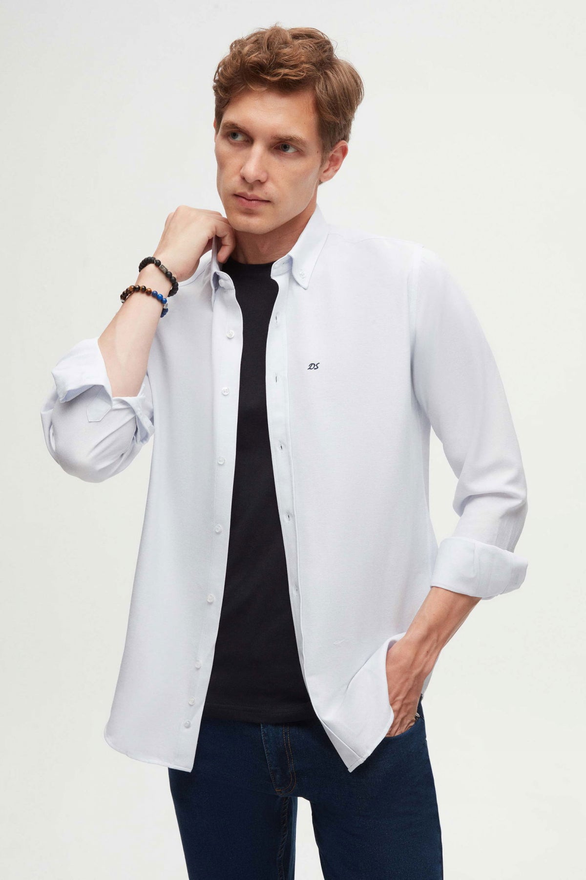 Ds Damat Slim Fit Oxford Button-Down Easy Iron Embroidered Detail Cotton Shirt  - Light Blue