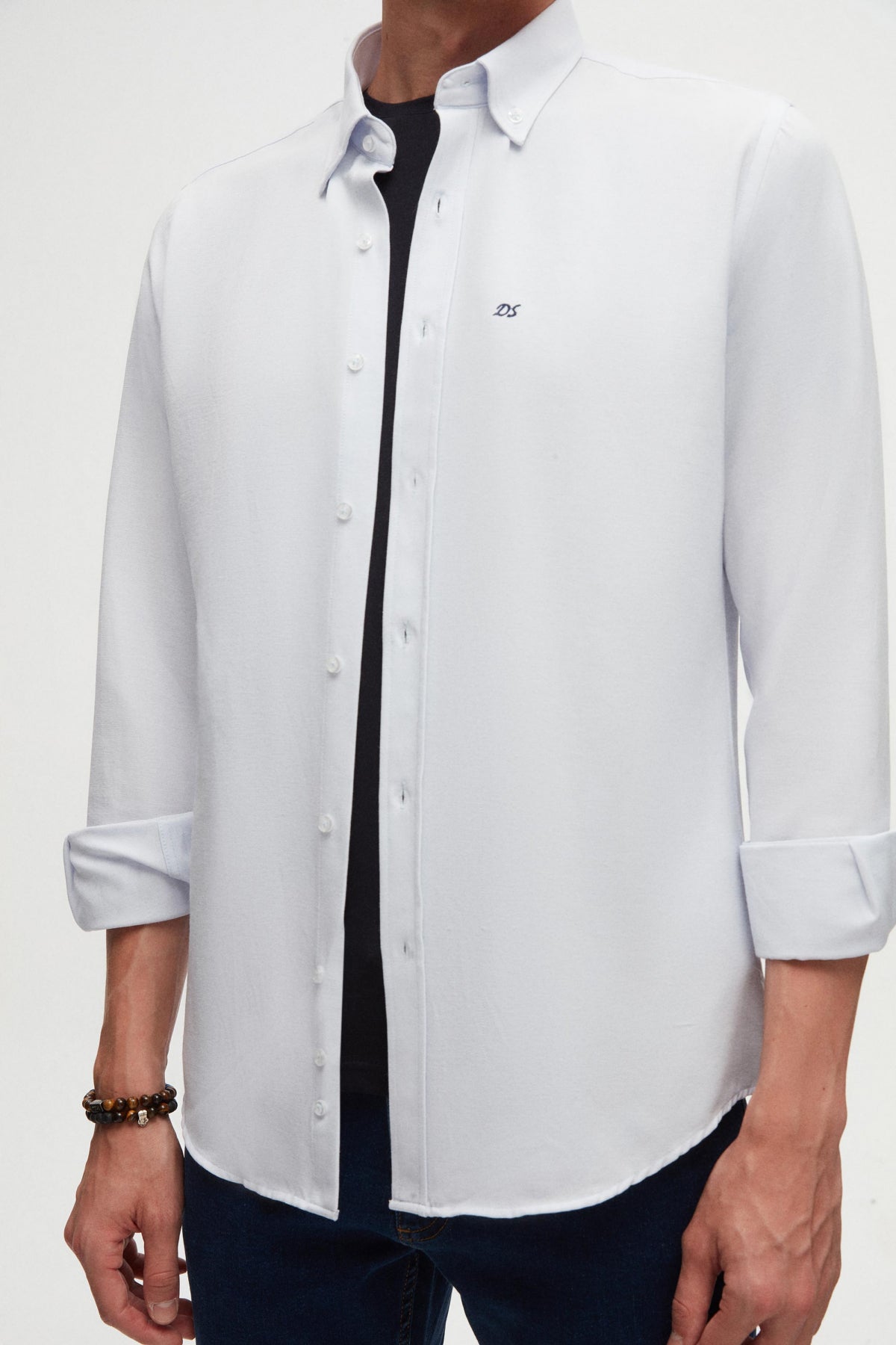 Ds Damat Slim Fit Oxford Button-Down Easy Iron Embroidered Detail Cotton Shirt  - Light Blue