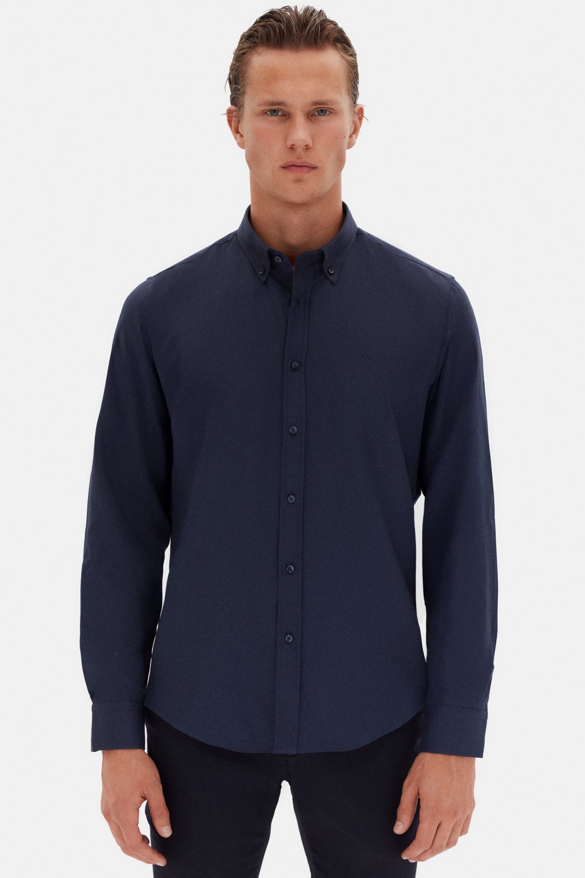 Ds Damat Slim Fit Oxford Button-Down Easy Iron Embroidered Detail Cotton Shirt  - Navy Blue