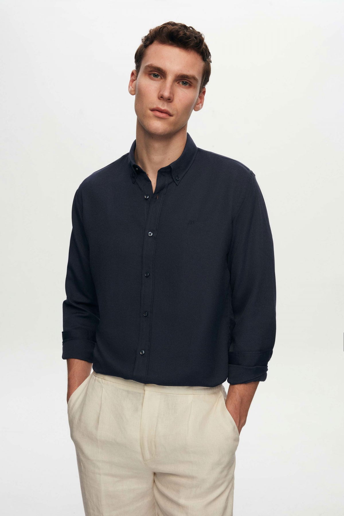 Ds Damat Slim Fit Oxford Button-Down Easy Iron Embroidered Detail Cotton Shirt  - Navy Blue