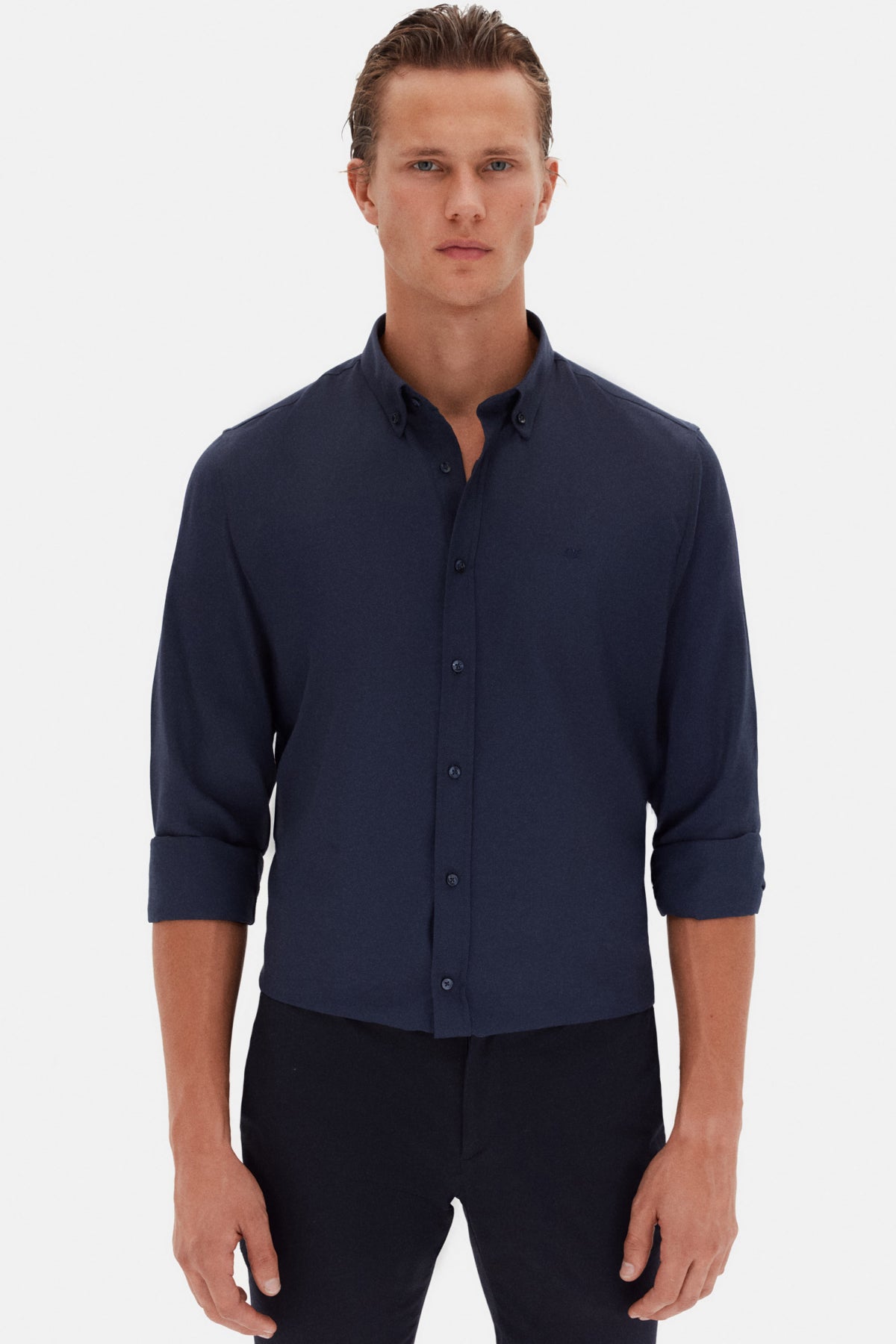 Ds Damat Slim Fit Oxford Button-Down Easy Iron Embroidered Detail Cotton Shirt  - Navy Blue