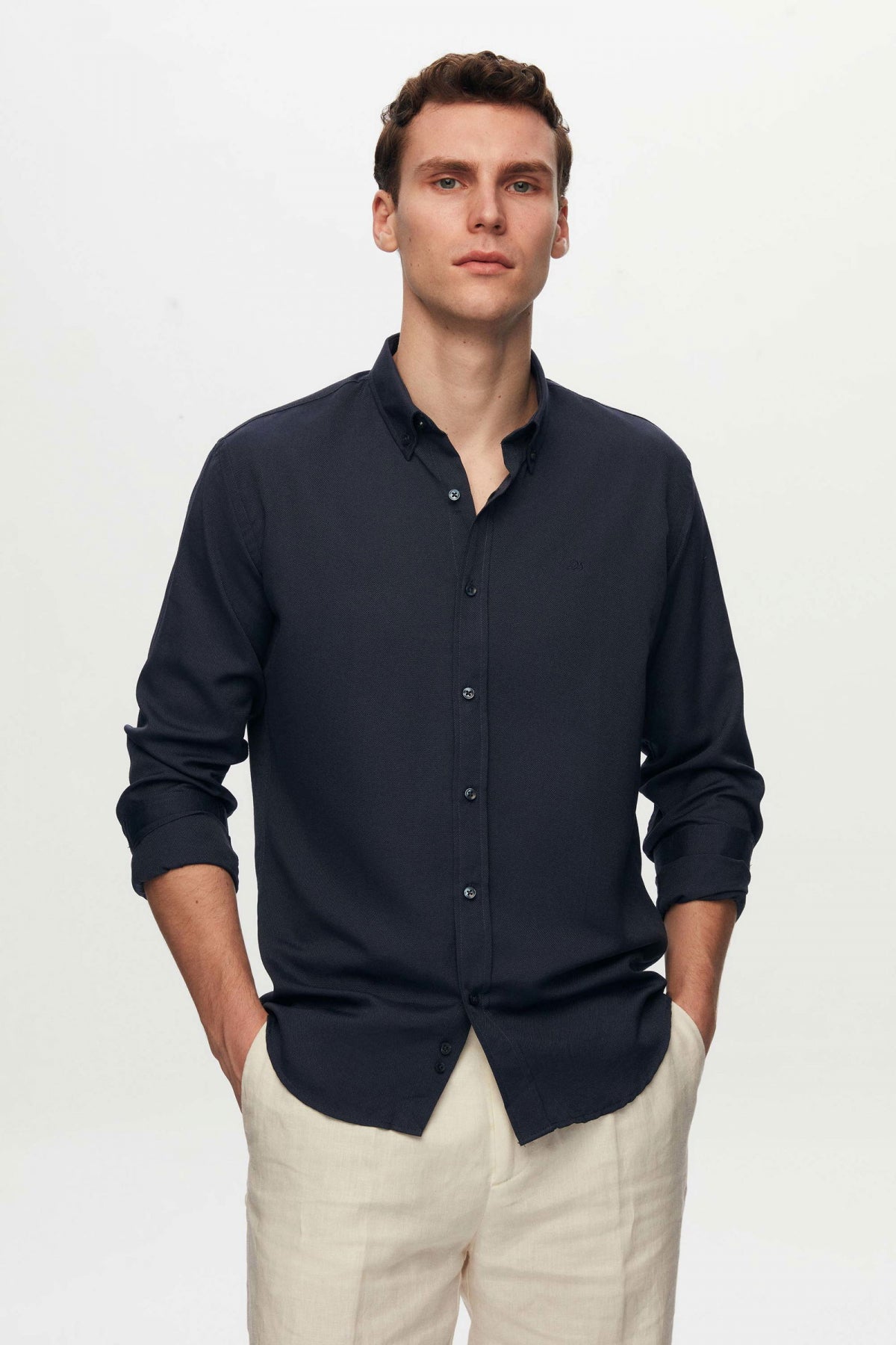 Ds Damat Slim Fit Oxford Button-Down Easy Iron Embroidered Detail Cotton Shirt  - Navy Blue