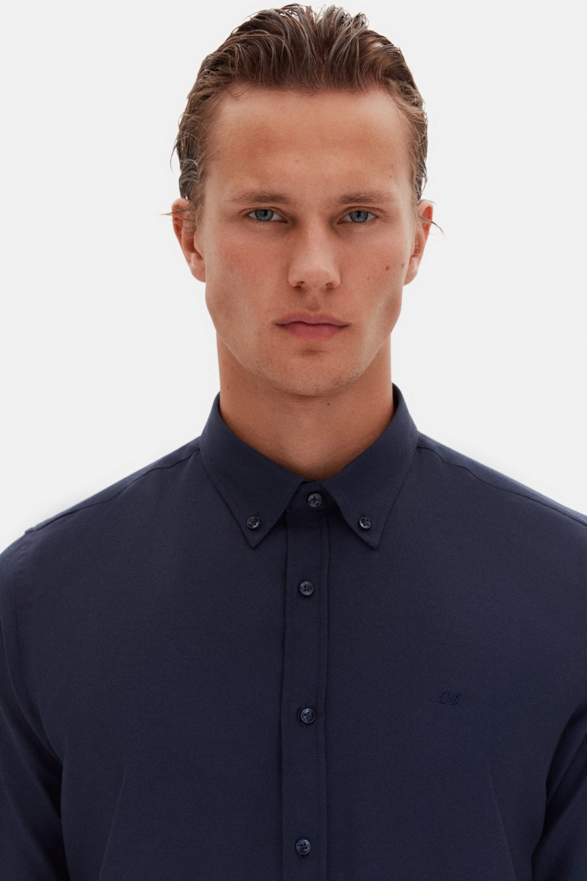 Ds Damat Slim Fit Oxford Button-Down Easy Iron Embroidered Detail Cotton Shirt  - Navy Blue