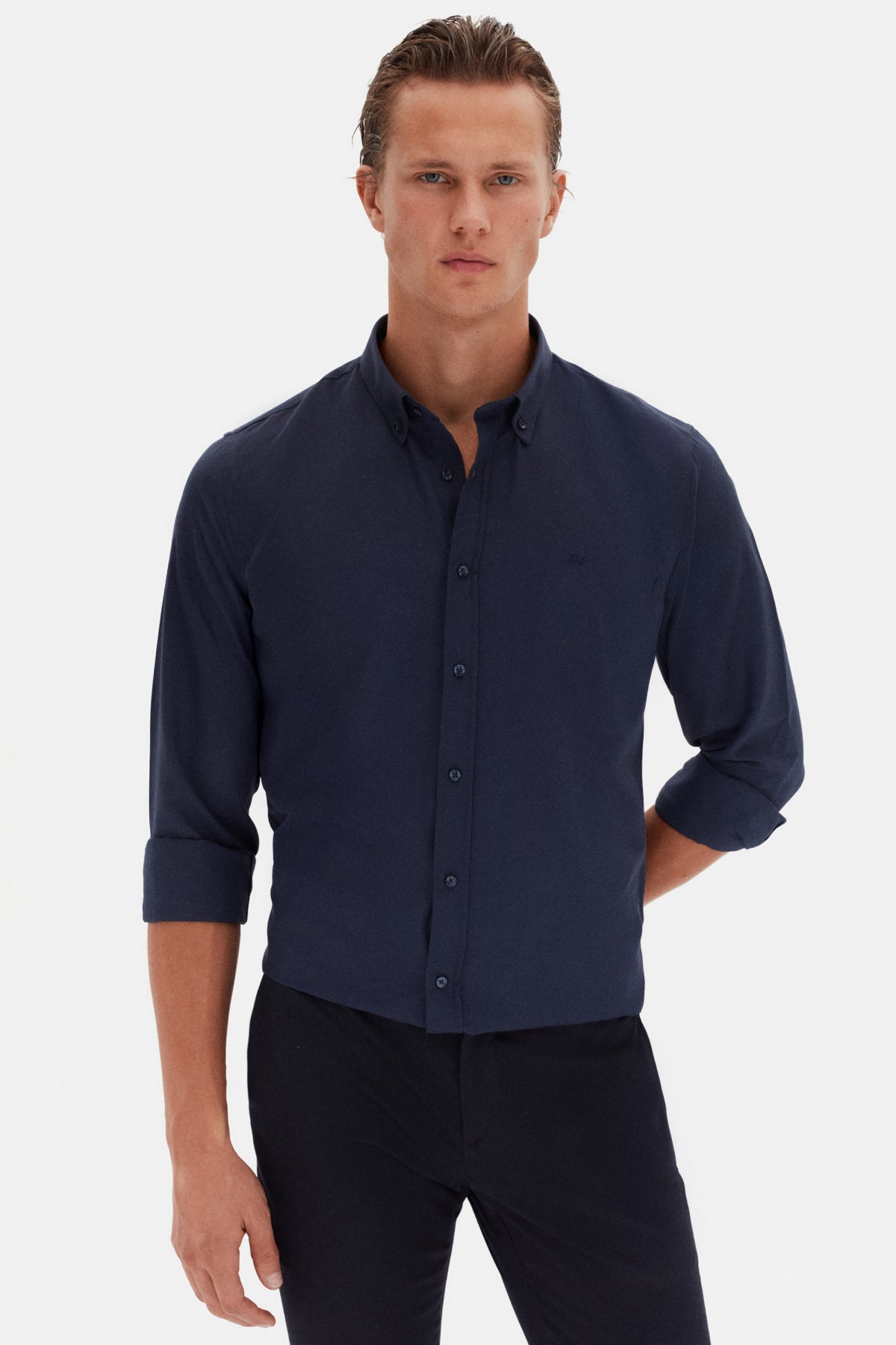 Ds Damat Slim Fit Oxford Button-Down Easy Iron Embroidered Detail Cotton Shirt  - Navy Blue