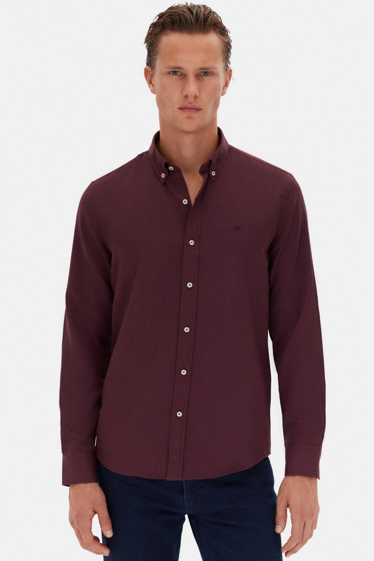 Ds Damat Slim Fit Oxford Button-Down Easy Iron Embroidered Detail Cotton Shirt  - Plum