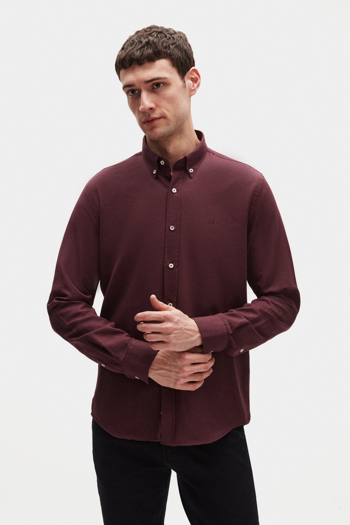 Ds Damat Slim Fit Oxford Button-Down Easy Iron Embroidered Detail Cotton Shirt  - Plum