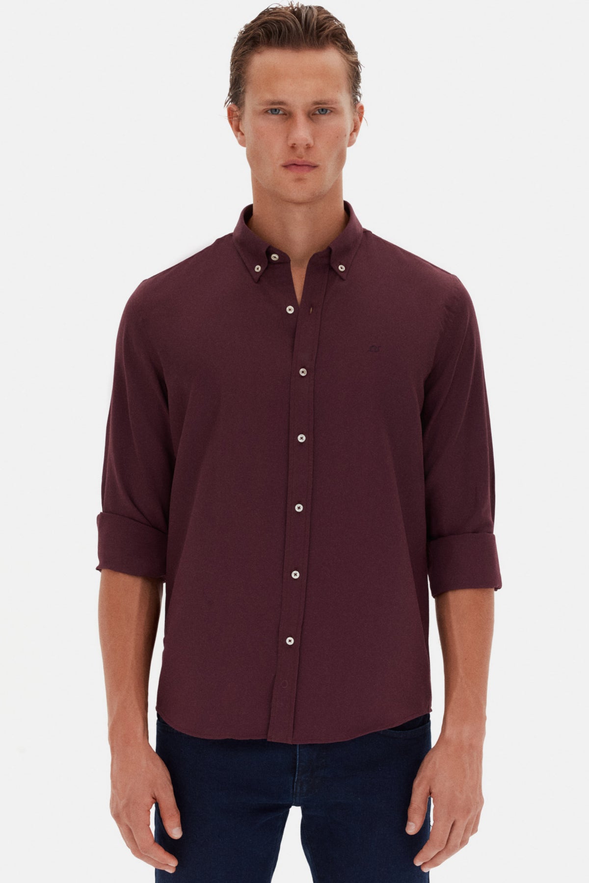 Ds Damat Slim Fit Oxford Button-Down Easy Iron Embroidered Detail Cotton Shirt  - Plum