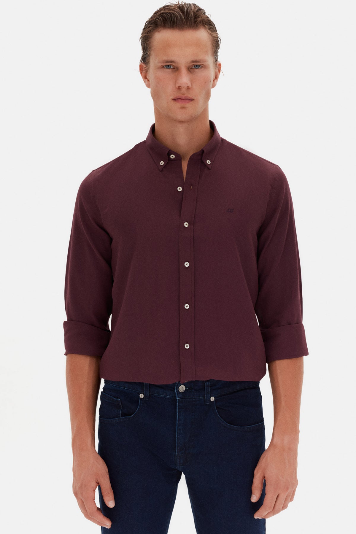 Ds Damat Slim Fit Oxford Button-Down Easy Iron Embroidered Detail Cotton Shirt  - Plum