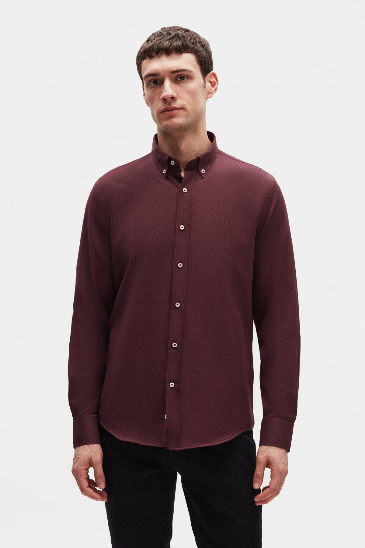 Ds Damat Slim Fit Oxford Button-Down Easy Iron Embroidered Detail Cotton Shirt  - Plum