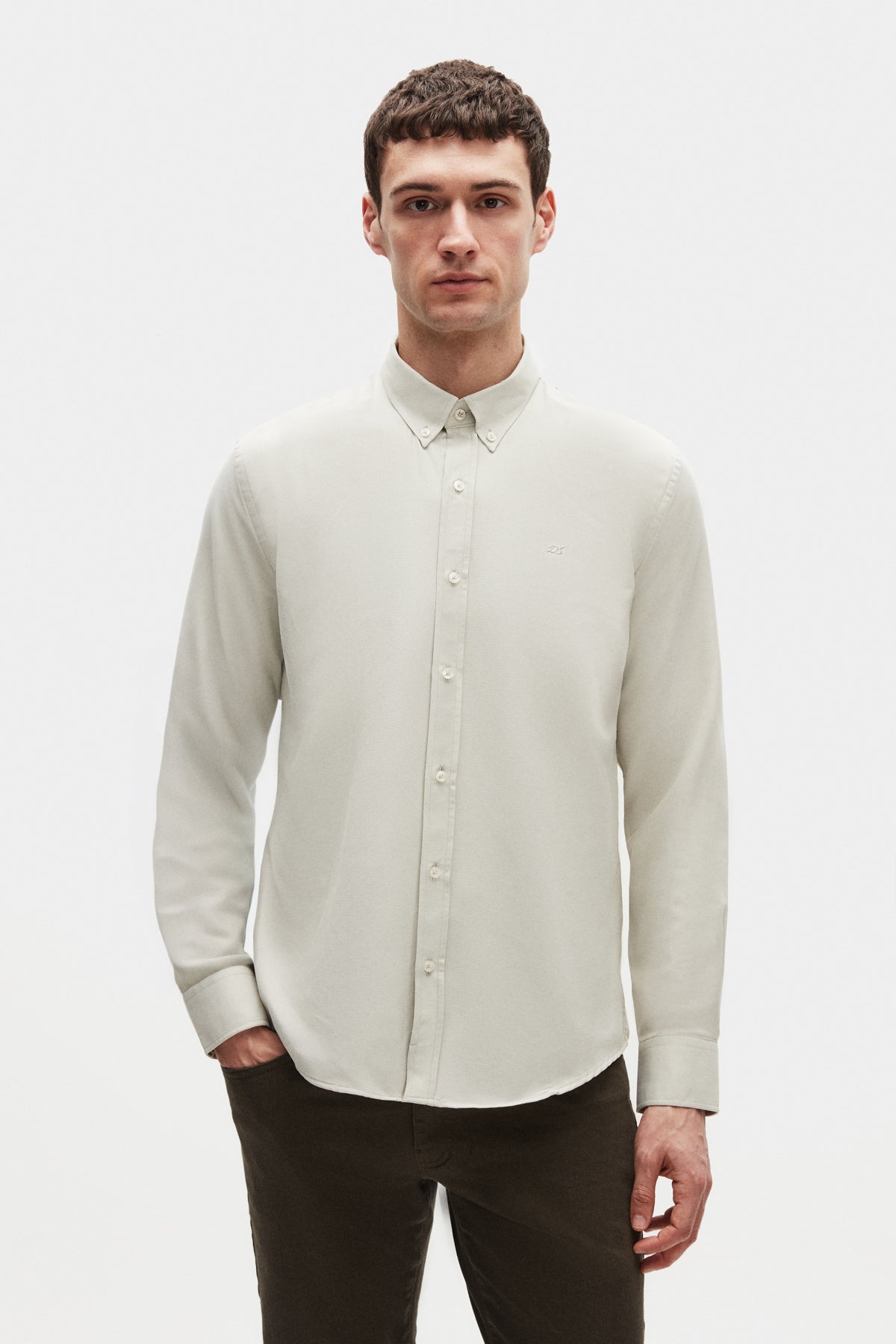 Ds Damat Slim Fit Oxford Button-Down Easy Iron Embroidered Detail Cotton Shirt  - Sage