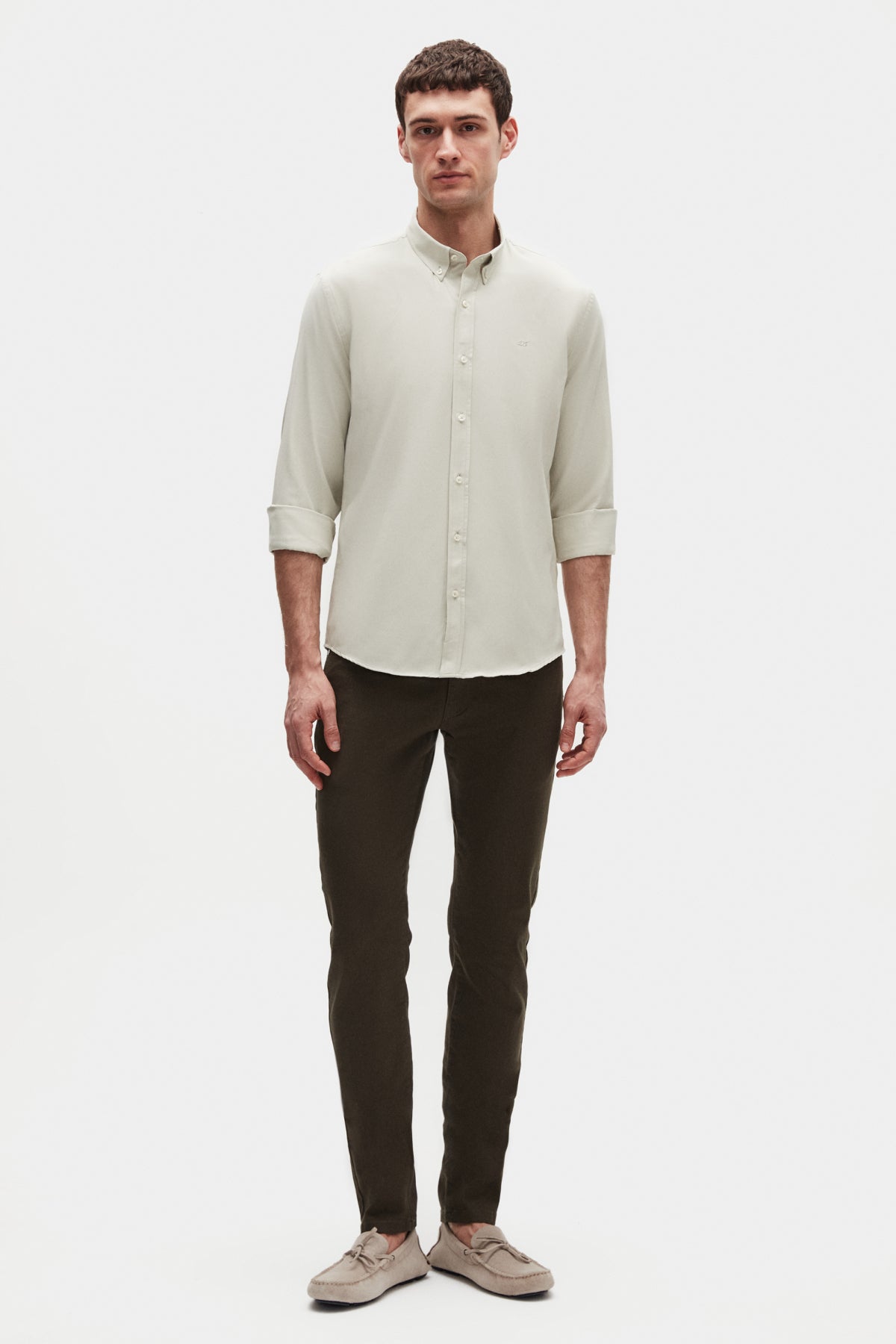 Ds Damat Slim Fit Oxford Button-Down Easy Iron Embroidered Detail Cotton Shirt  - Sage