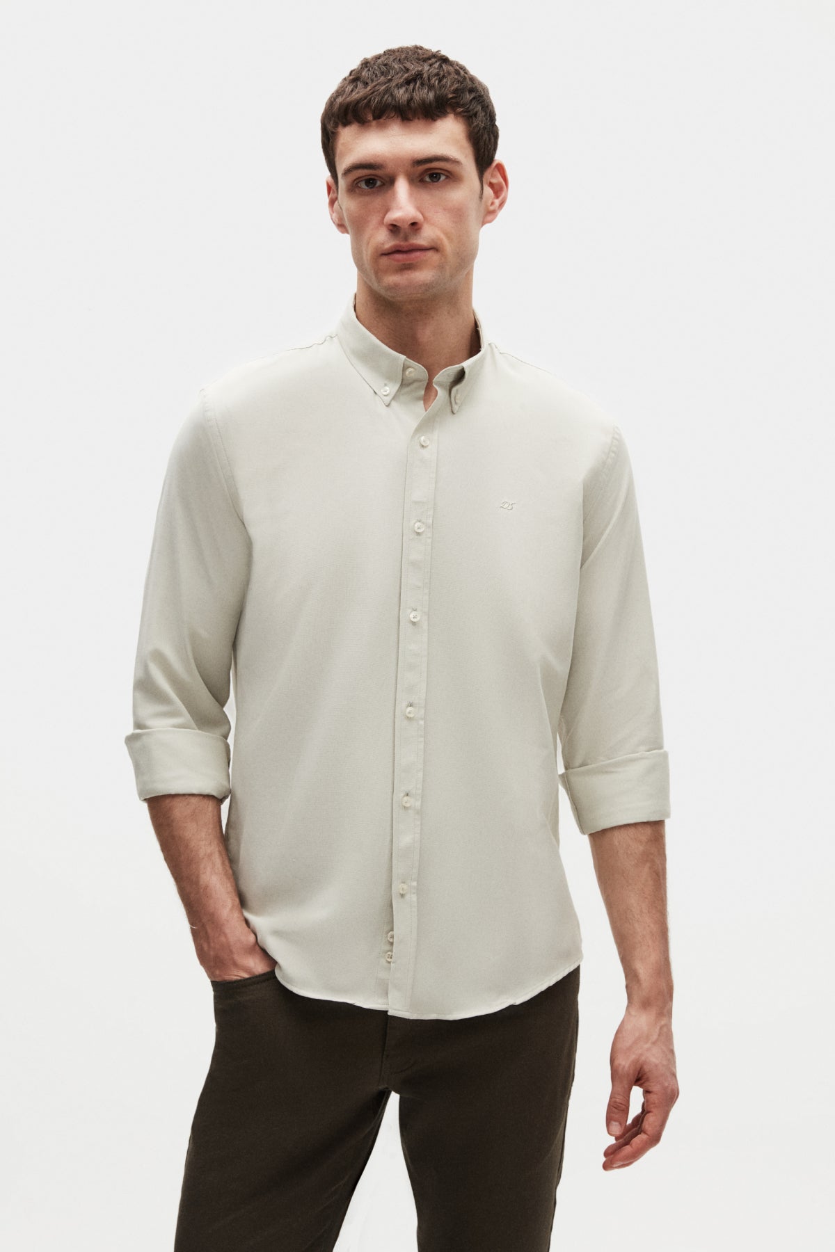 Ds Damat Slim Fit Oxford Button-Down Easy Iron Embroidered Detail Cotton Shirt  - Sage