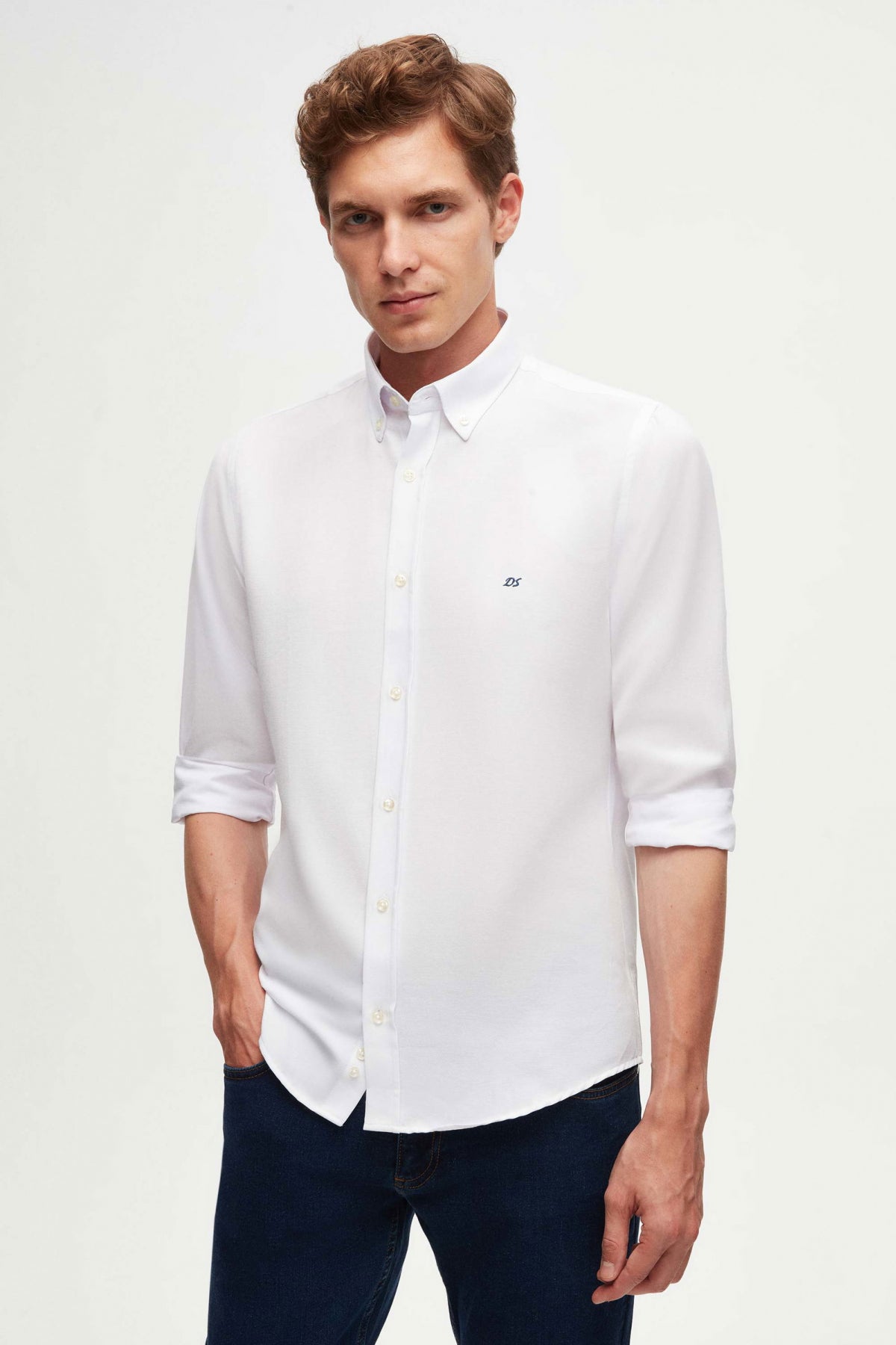 Ds Damat Slim Fit Oxford Button-Down Easy Iron Embroidered Detail Cotton Shirt  - White
