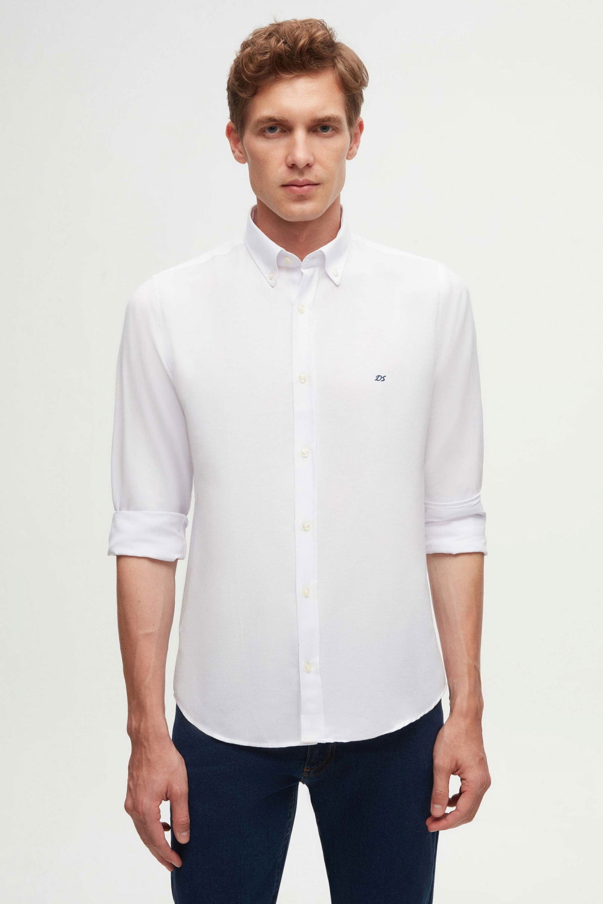 Ds Damat Slim Fit Oxford Button-Down Easy Iron Embroidered Detail Cotton Shirt  - White