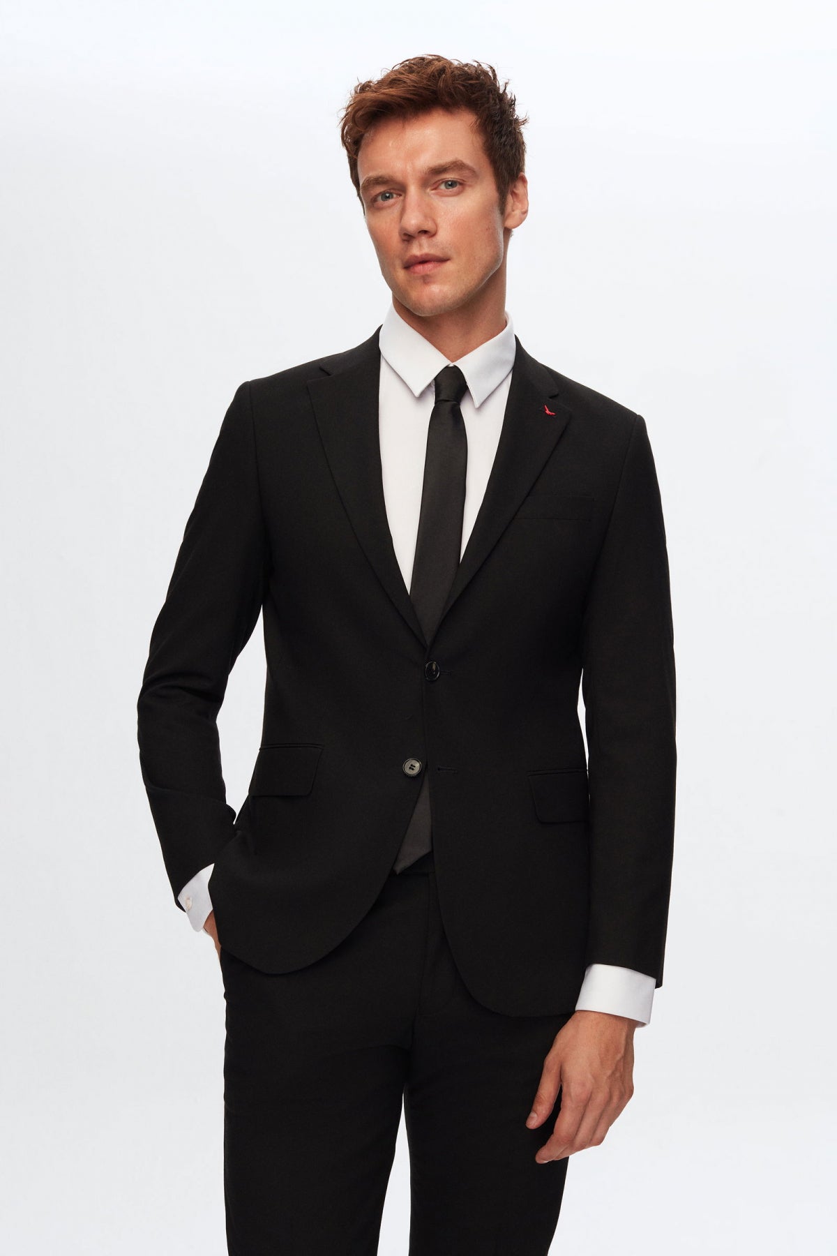 Ds Damat Slim Fit Plain Mono Collar Double Vent Lined Suit  - Black