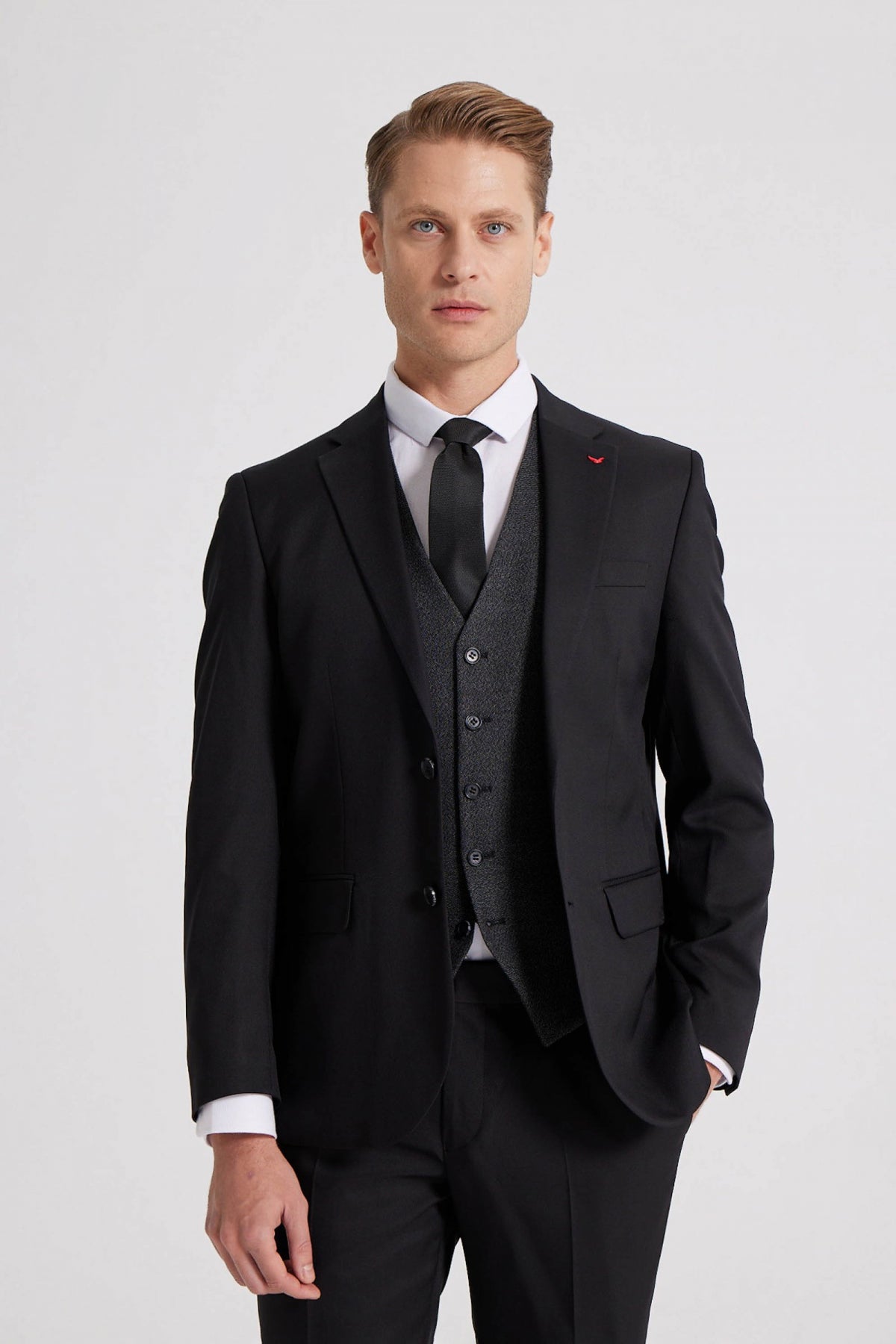 Ds Damat Slim Fit Plain Mono Collar Single Vent Lined Suit Combo  - Black