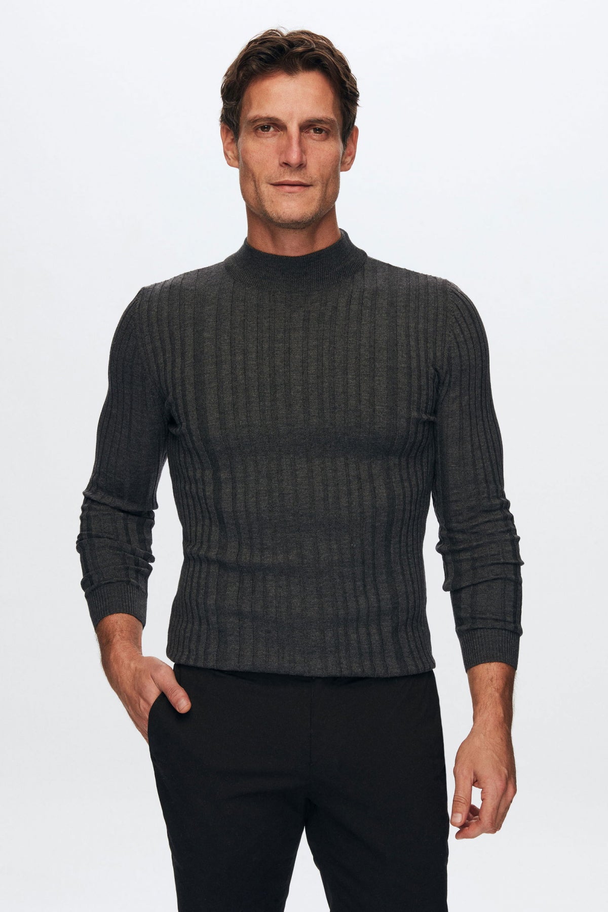 Ds Damat Slim Fit Ribbed Cotton Blend Half-Turtleneck Slim Fit Sweater  - Anthracite