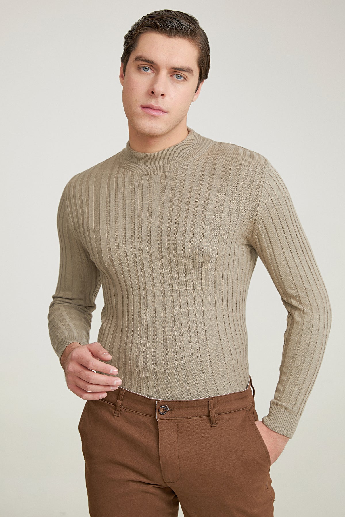 Ds Damat Slim Fit Ribbed Cotton Blend Half-Turtleneck Slim Fit Sweater  - Beige