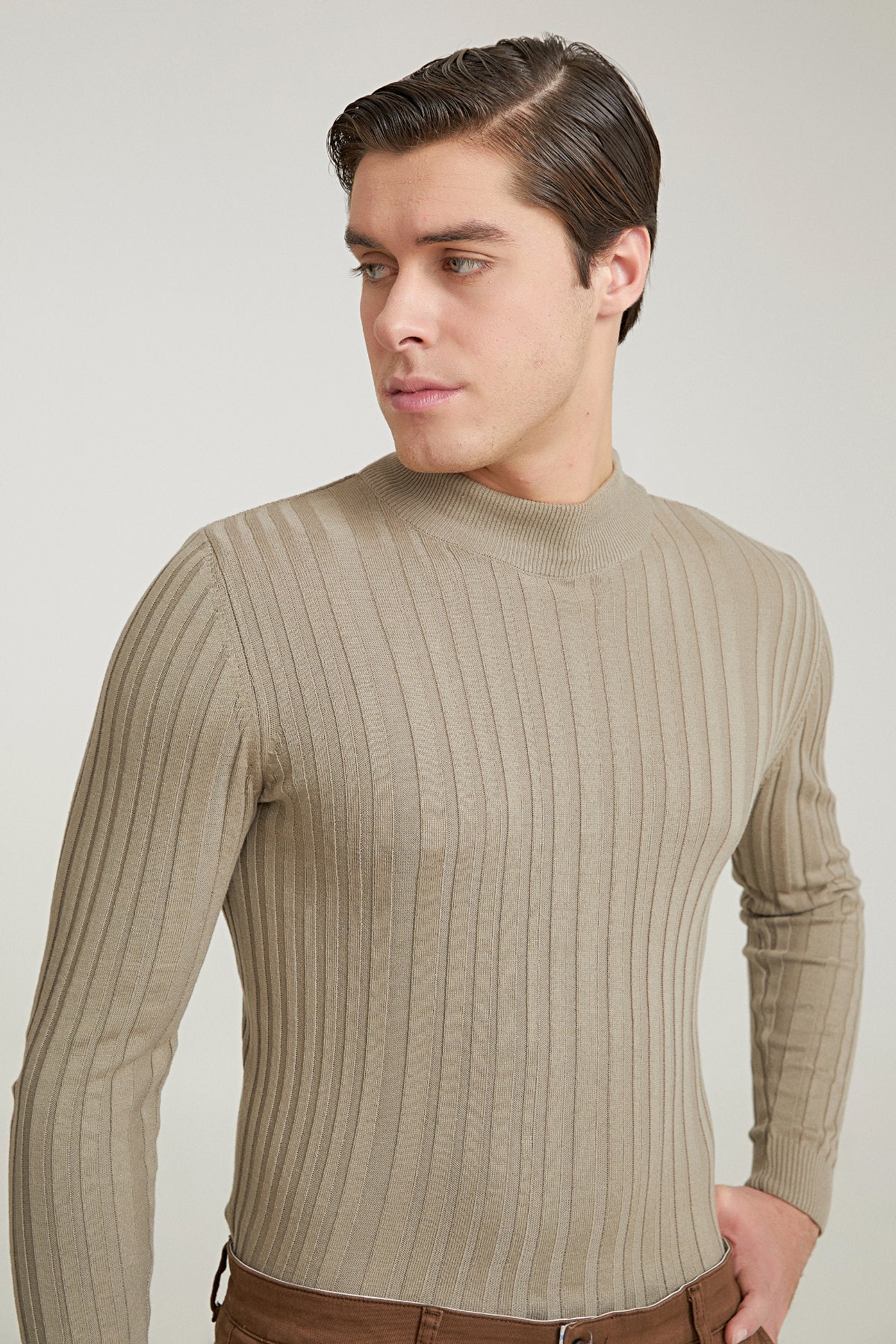 Ds Damat Slim Fit Ribbed Cotton Blend Half-Turtleneck Slim Fit Sweater  - Beige