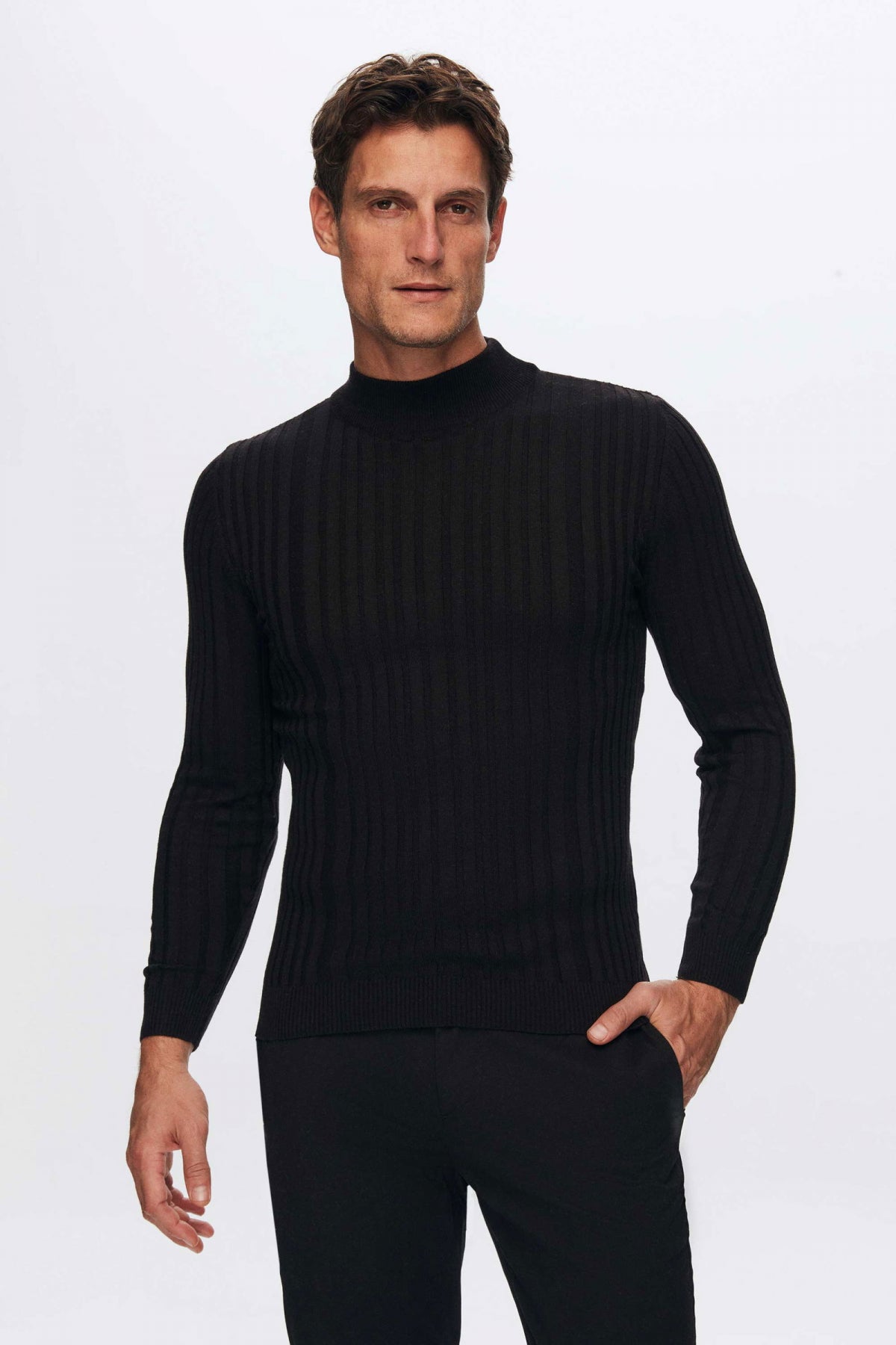 Ds Damat Slim Fit Ribbed Cotton Blend Half-Turtleneck Slim Fit Sweater  - Black