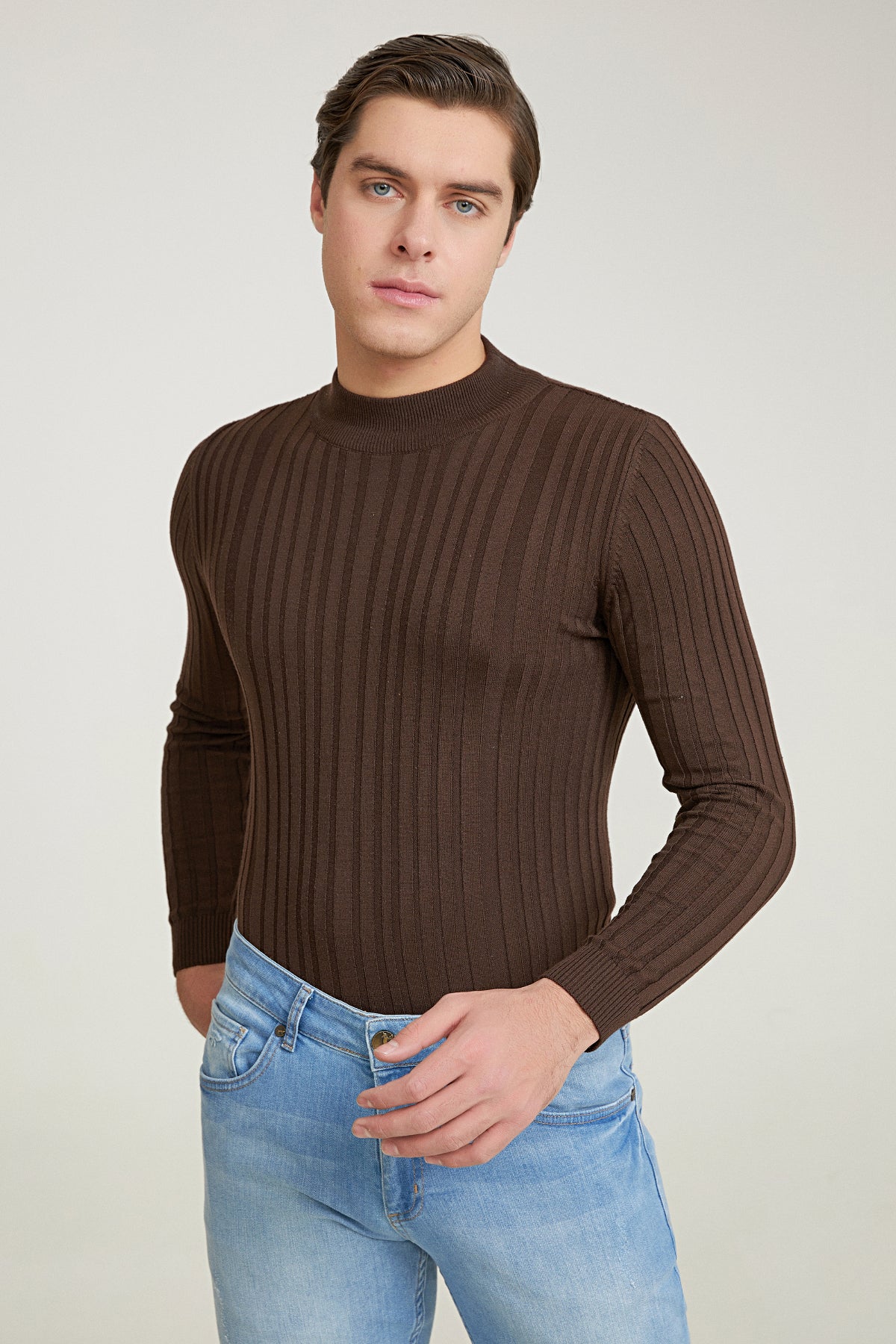 Ds Damat Slim Fit Ribbed Cotton Blend Half-Turtleneck Slim Fit Sweater  - Brown