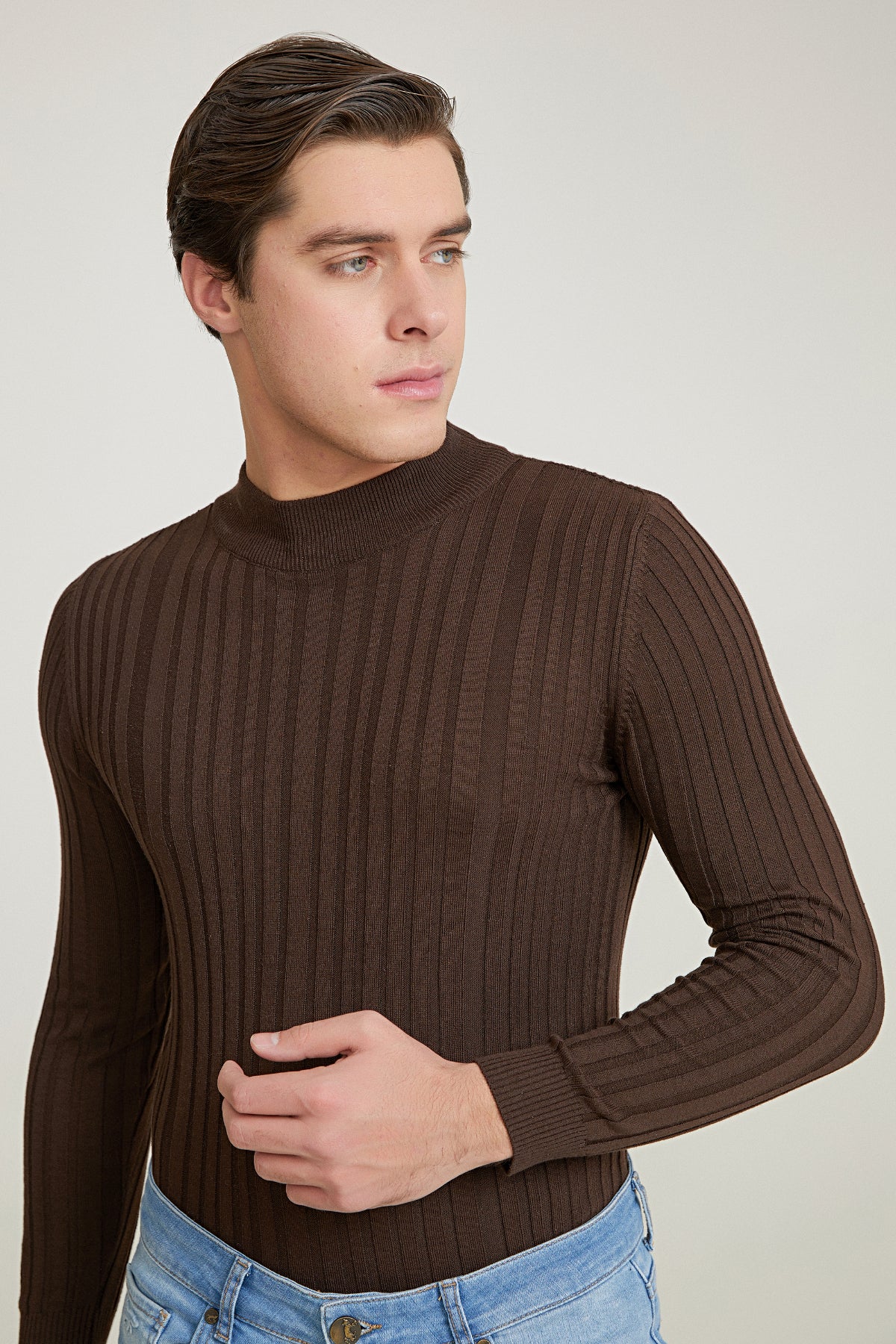 Ds Damat Slim Fit Ribbed Cotton Blend Half-Turtleneck Slim Fit Sweater  - Brown