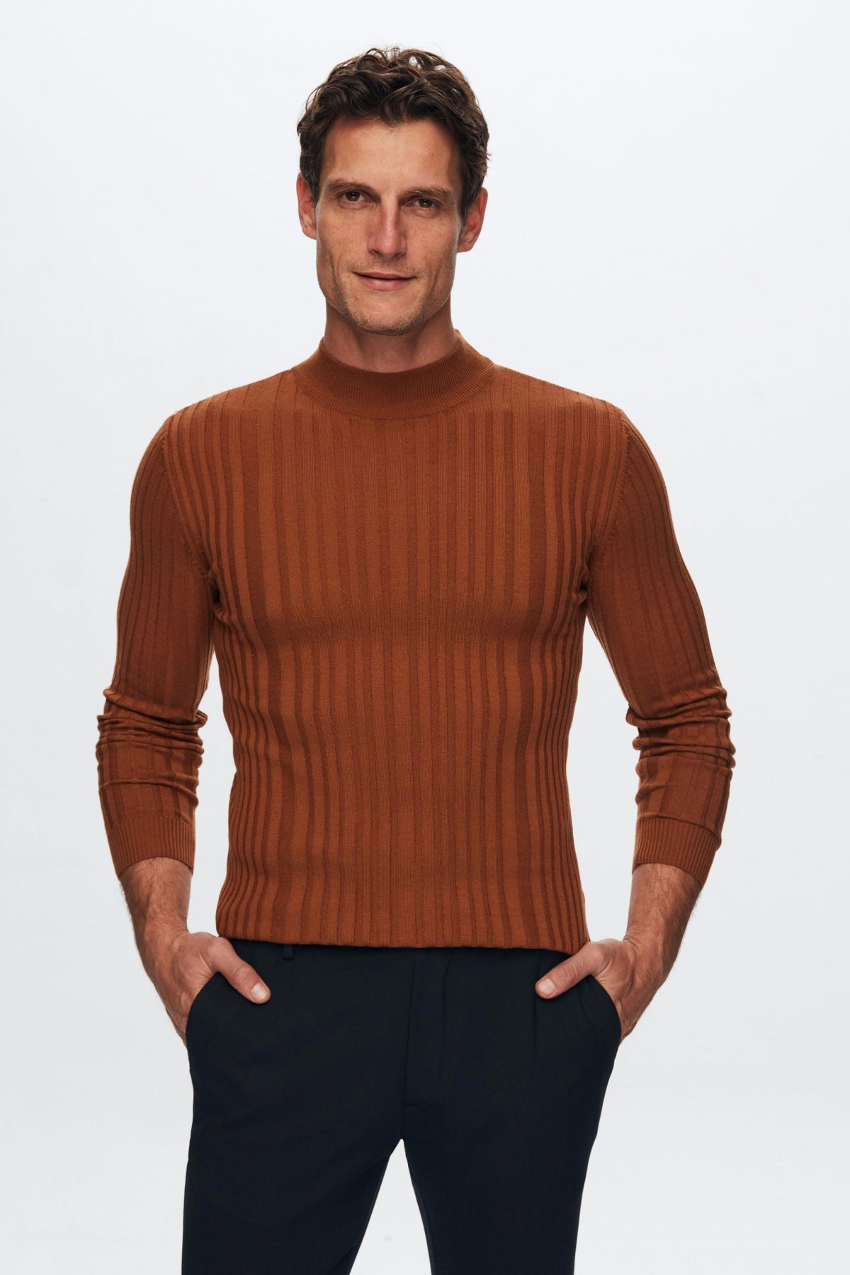 Ds Damat Slim Fit Ribbed Cotton Blend Half-Turtleneck Slim Fit Sweater  - Cinnamon