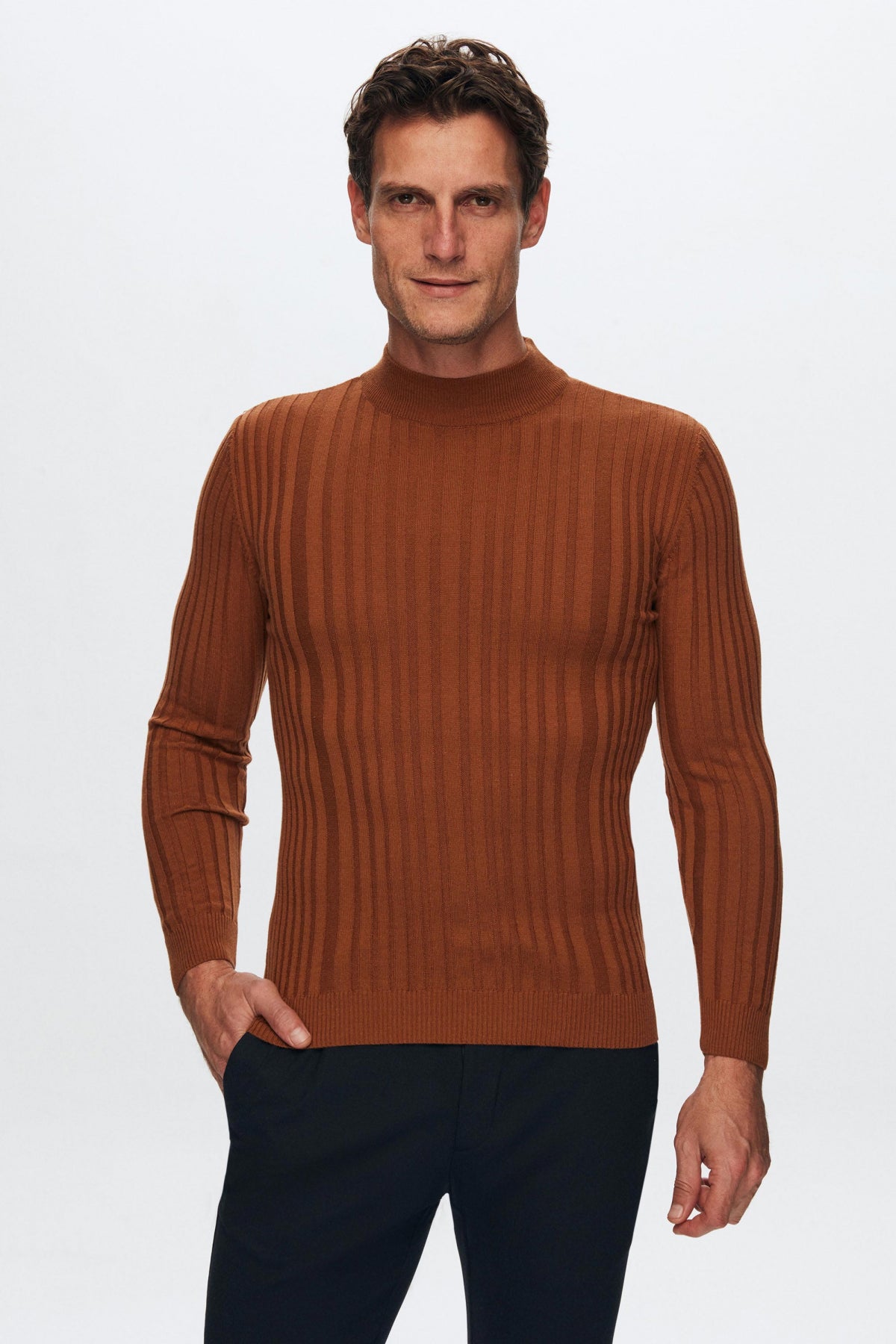 Ds Damat Slim Fit Ribbed Cotton Blend Half-Turtleneck Slim Fit Sweater  - Cinnamon