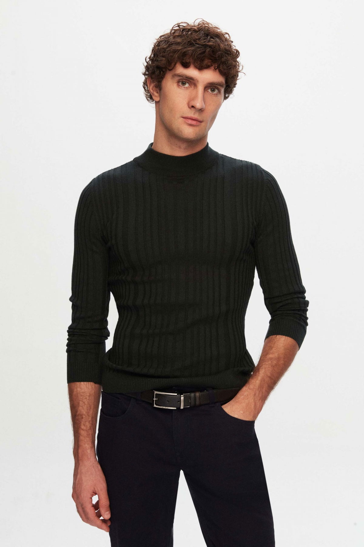 Ds Damat Slim Fit Ribbed Cotton Blend Half-Turtleneck Slim Fit Sweater  - Khaki