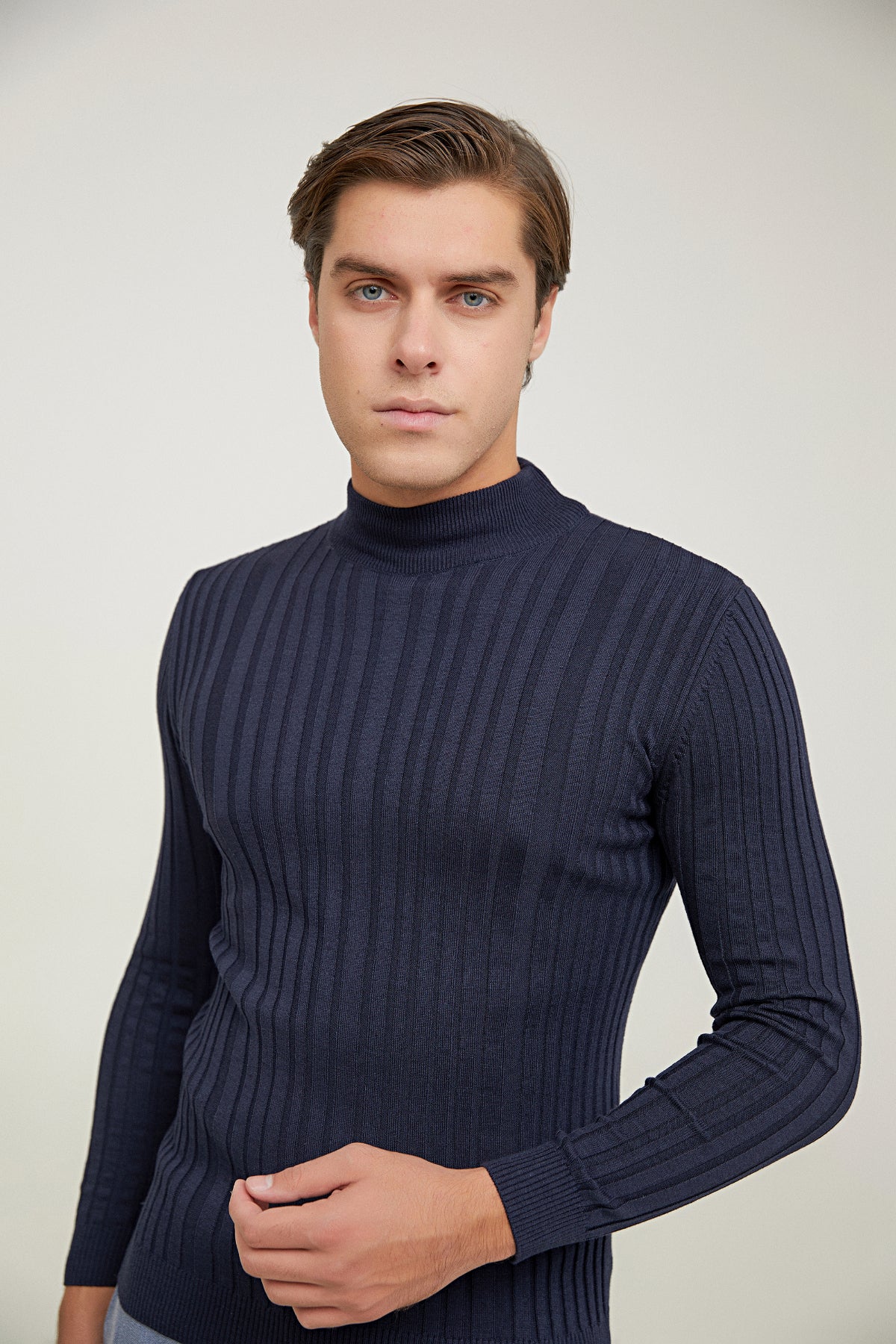 Ds Damat Slim Fit Ribbed Cotton Blend Half-Turtleneck Slim Fit Sweater  - Navy Blue