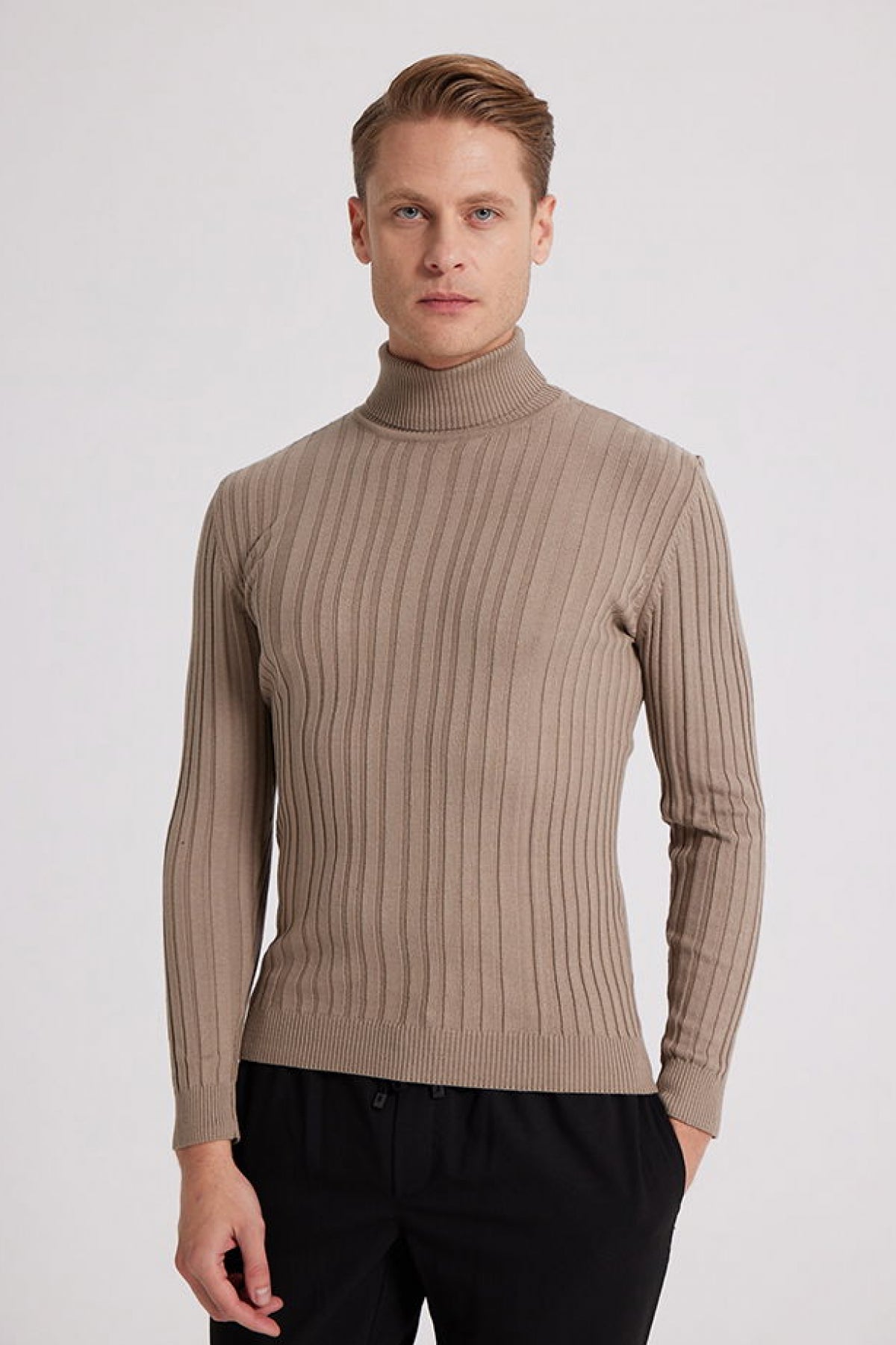 Ds Damat Slim Fit Ribbed Cotton Blend Turtleneck Knit Sweater  - Beige