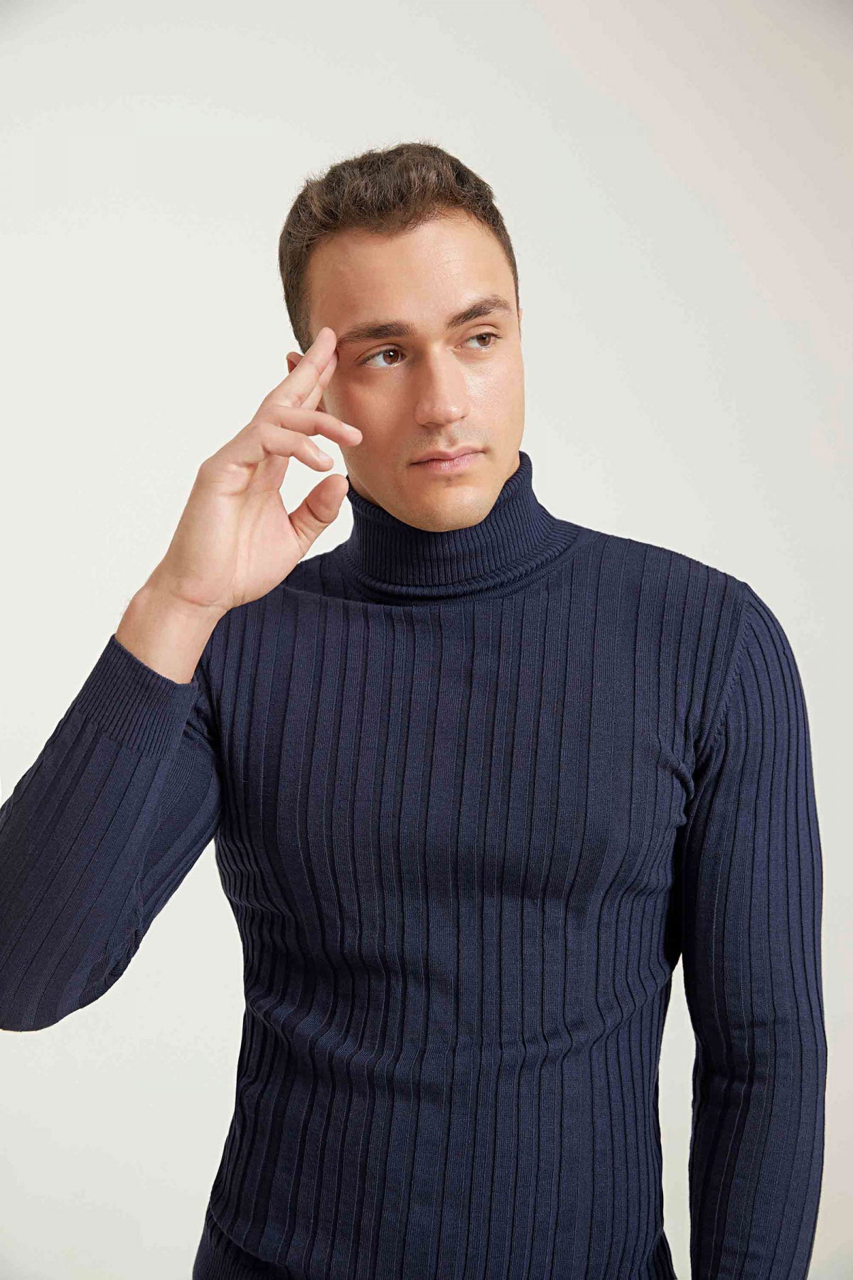 Ds Damat Slim Fit Ribbed Cotton Blend Turtleneck Knit Sweater  - Navy Blue