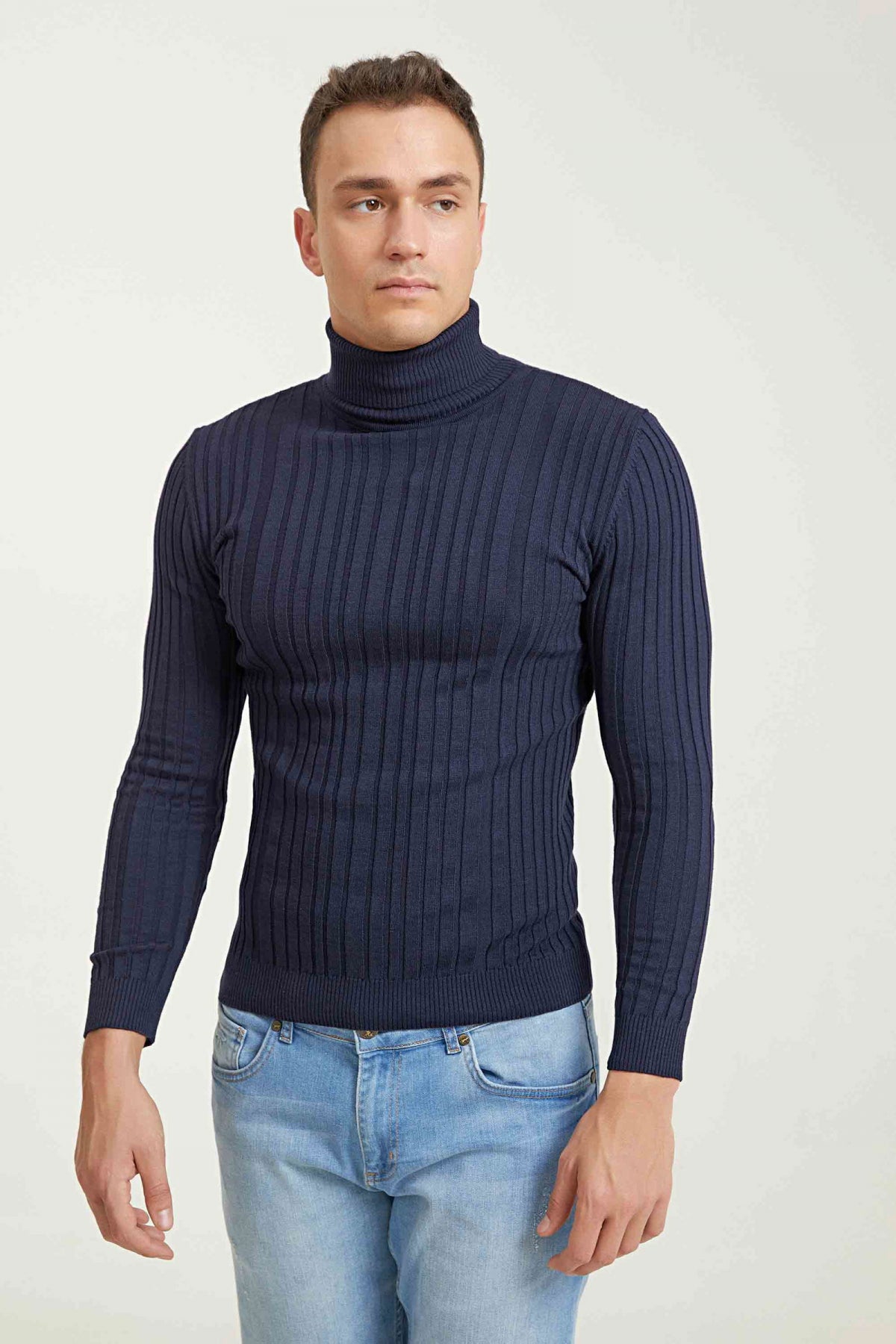 Ds Damat Slim Fit Ribbed Cotton Blend Turtleneck Knit Sweater  - Navy Blue