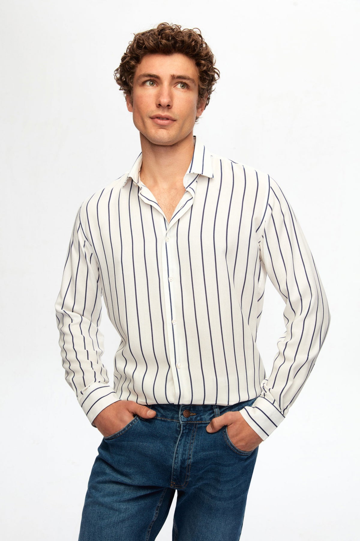 Ds Damat Slim Fit Striped 100% Viscose Shirt  - White